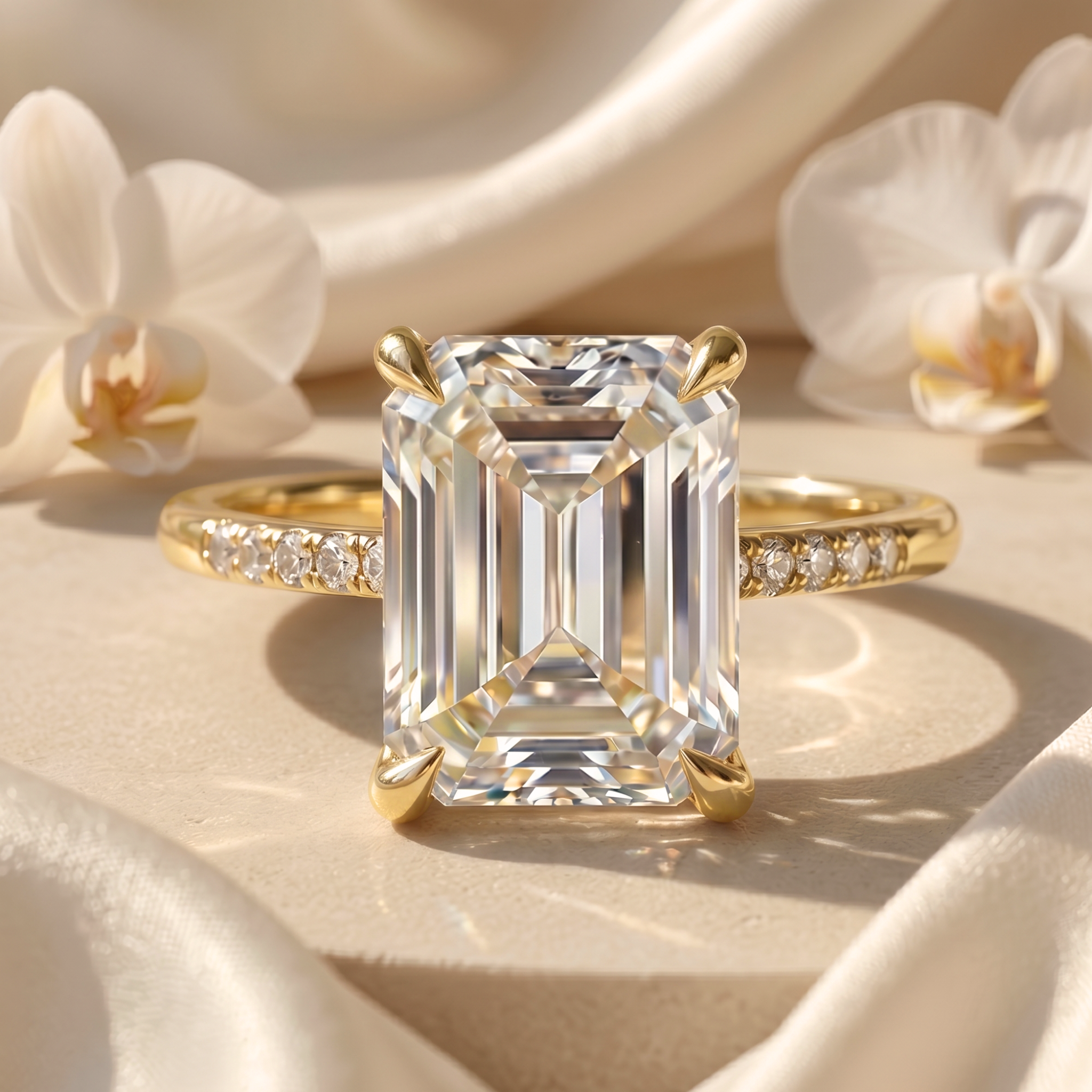 An elegant emerald cut moissanite engagement ring with a yellow gold diamond-accented band, displayed on a cream surface.