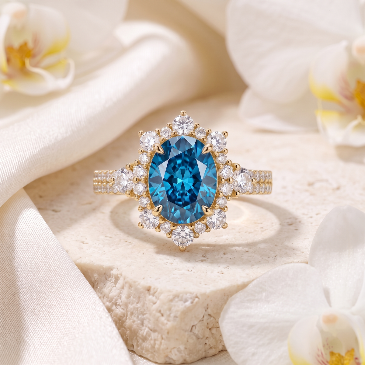 Yellow gold vintage-inspired halo ring featuring an oval blue moissanite center stone surrounded by a diamond halo on a stone display.