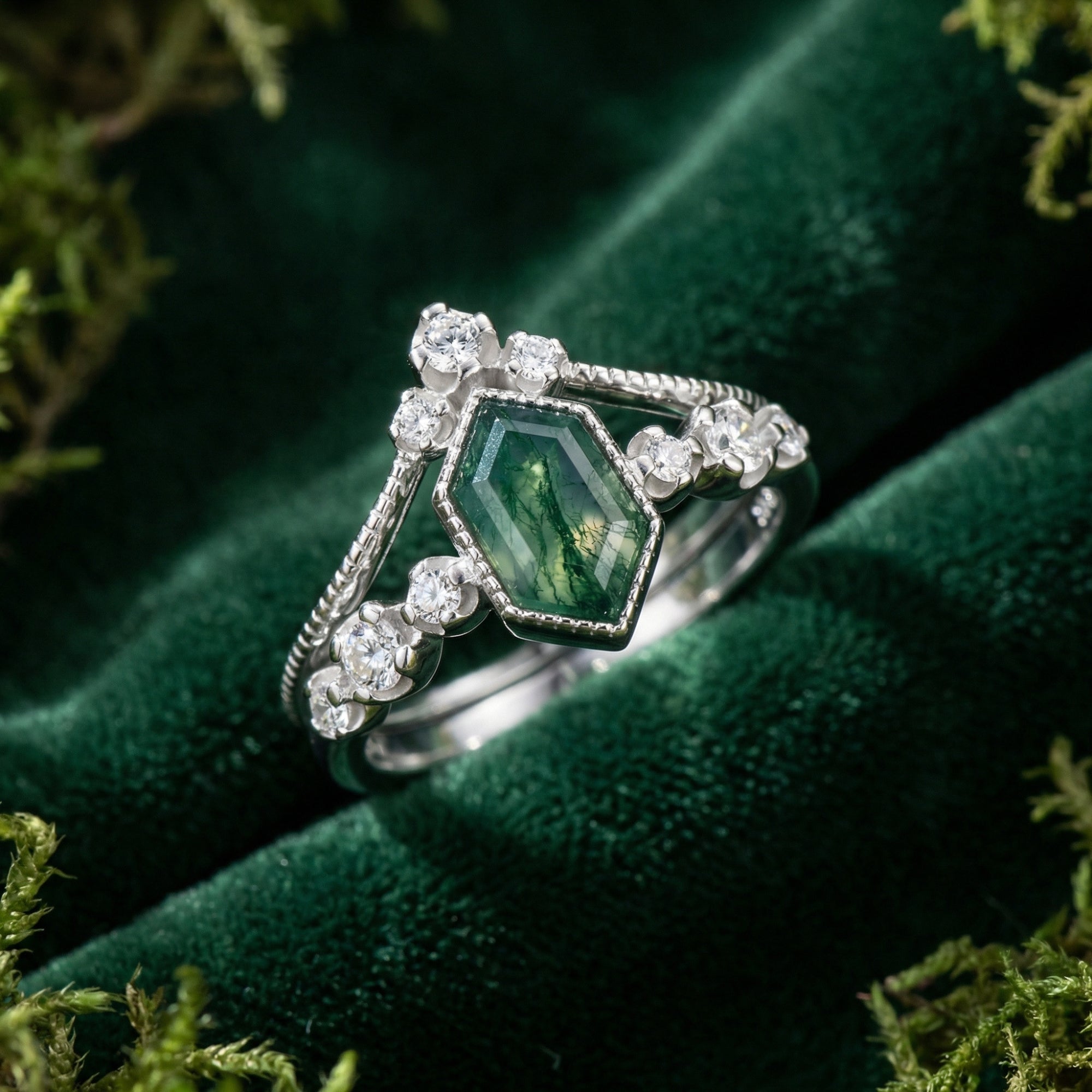 Serenity Kite Cut Moosachat & Diamant Ring Duo - S925 Sterling Silber