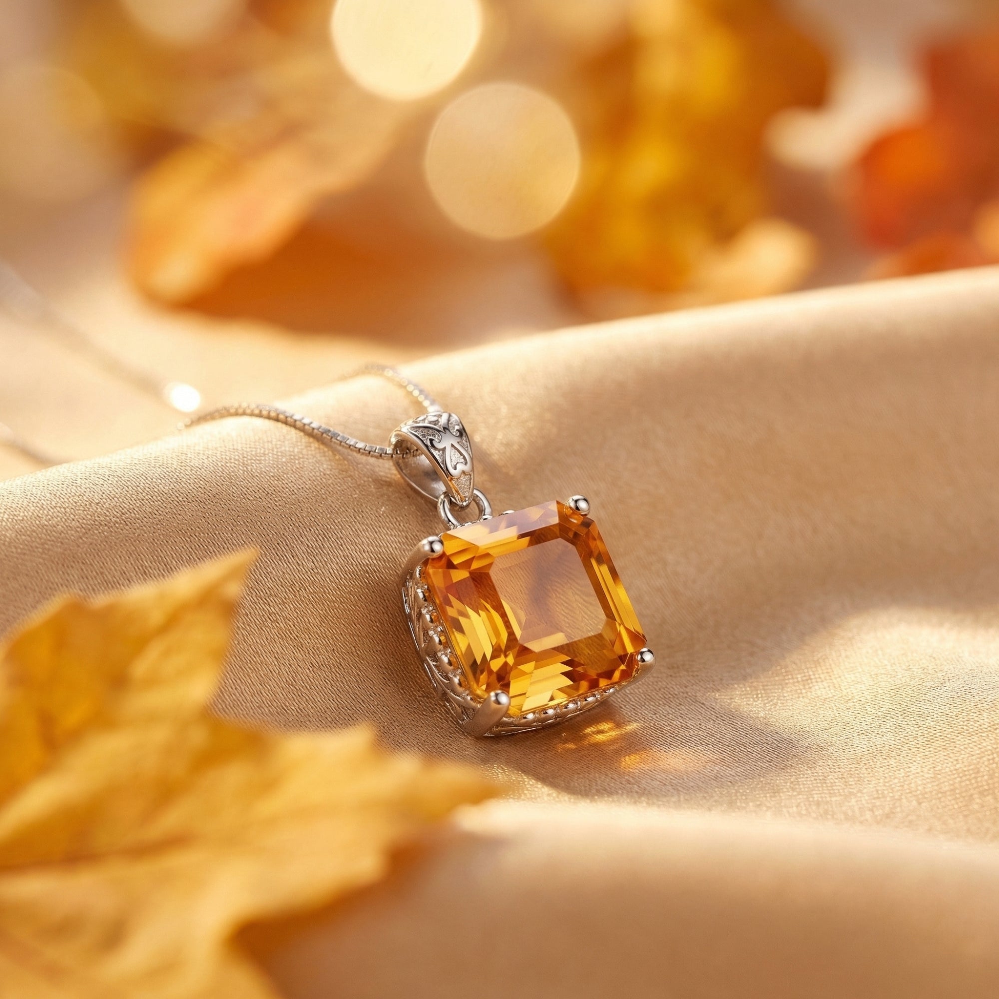 Square-cut natural citrine pendant on a silver box chain, styled on gold fabric with autumn leaves.