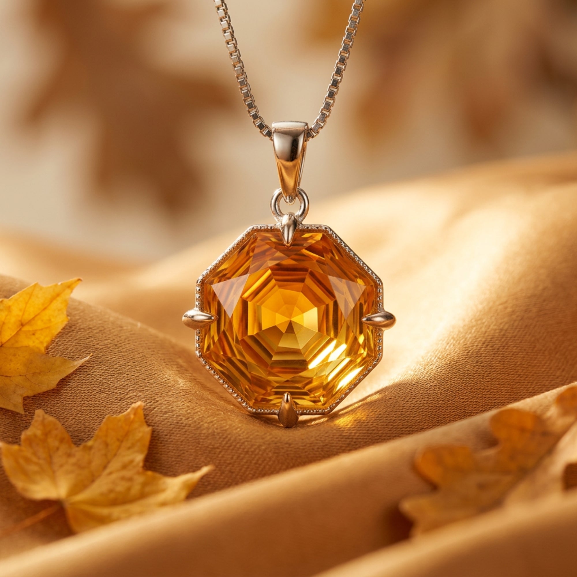 Octagon cut natural citrine necklace in sterling silver, styled on golden fabric with autumn maple leaves.
