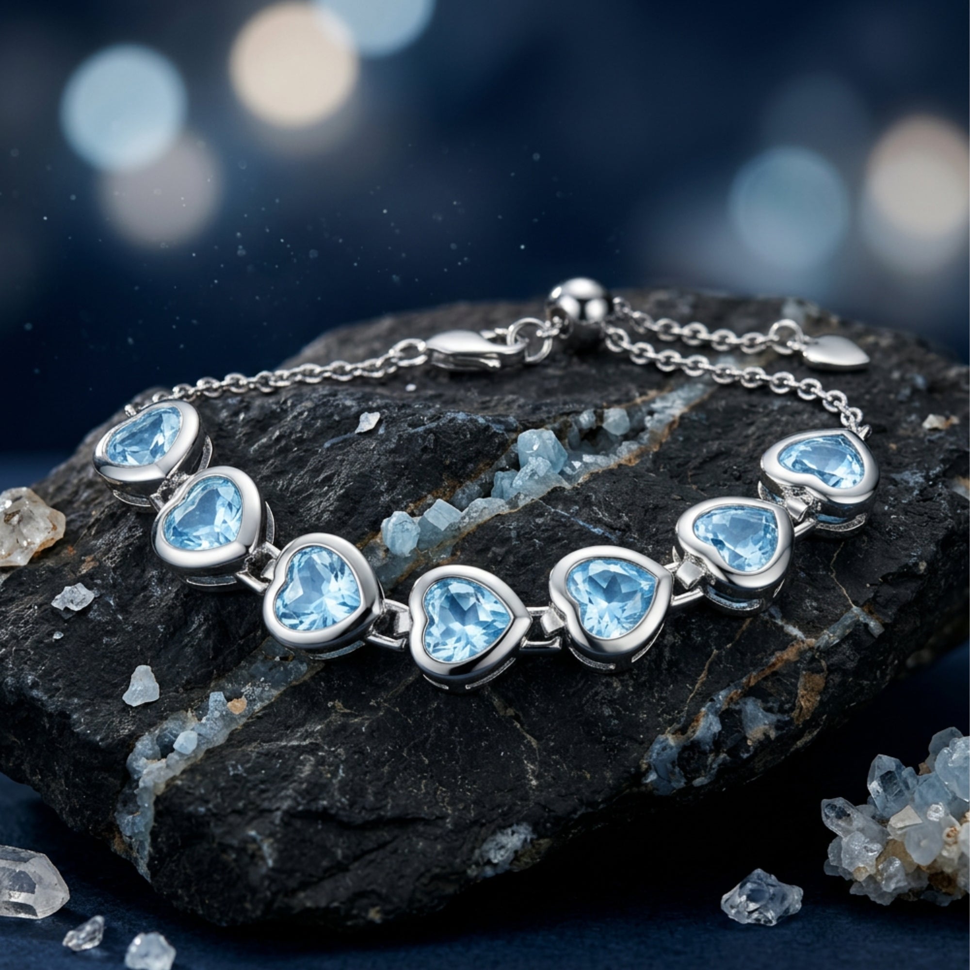 Sterling silver heart bracelet with seven heart-cut blue topaz stones displayed on a dark natural rock.