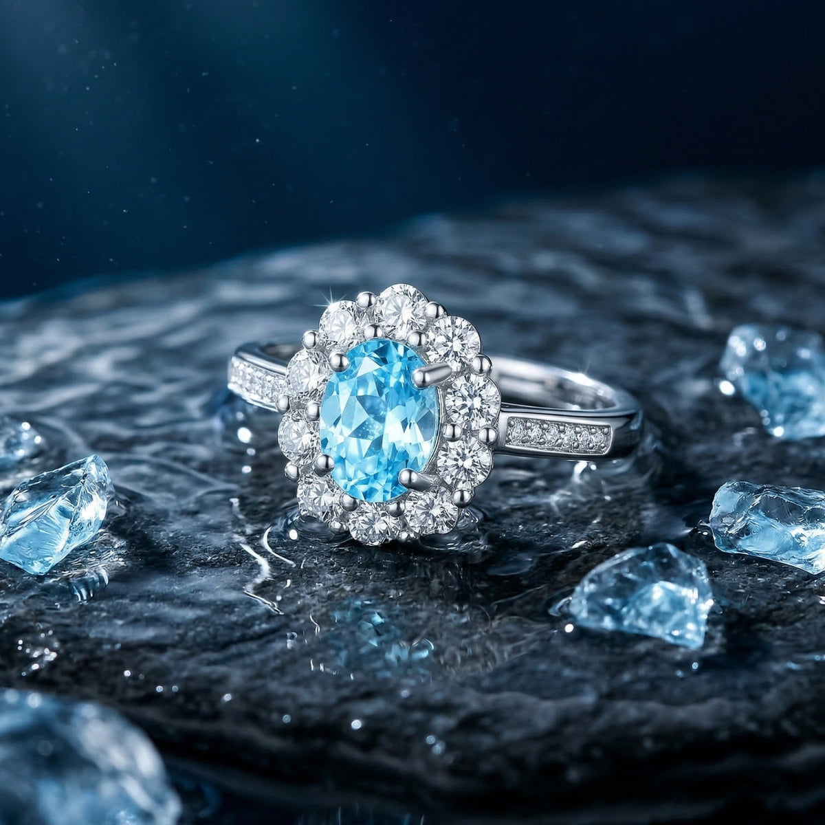 Natural Aquamarine Oval Ring in S925 Sterling Silver with Zircon 