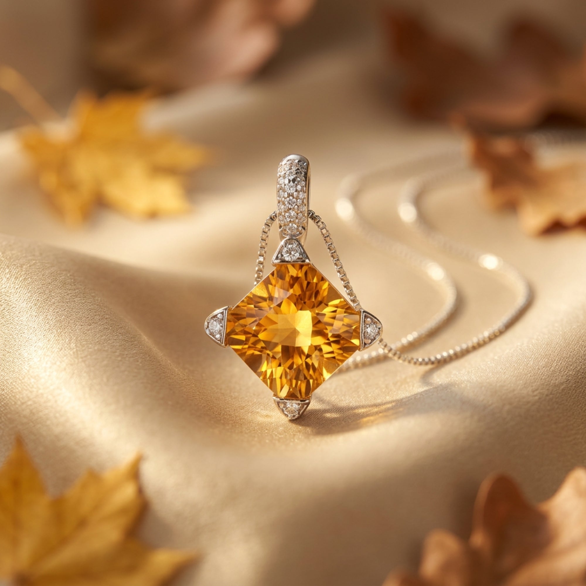 Square-cut natural citrine necklace on a silver chain, styled with autumn leaves on a warm gold fabric background.