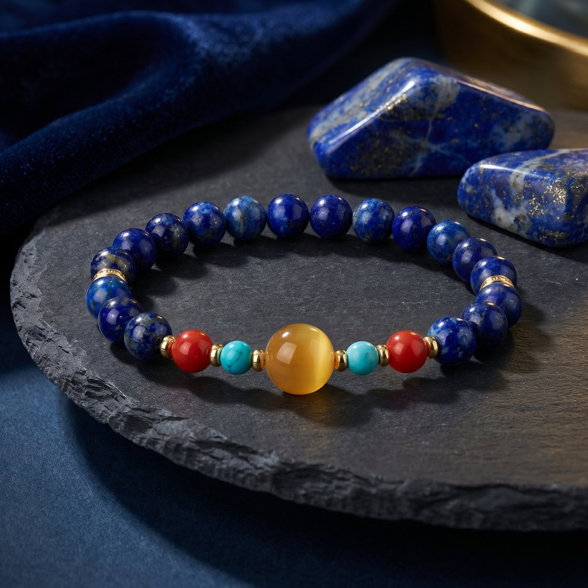 Natural 6mm lapis lazuli round bead bracelet with gold-plated accents on a dark stone lifestyle background.