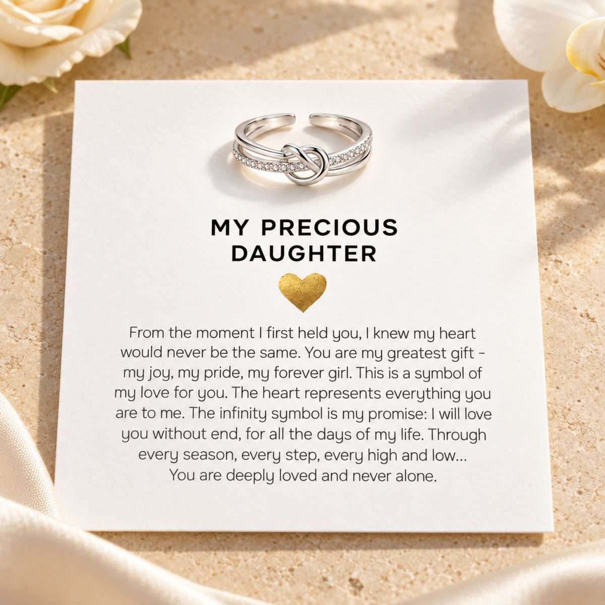 Silver S925 heart and infinity knot ring with the My Precious Daughter printed message card