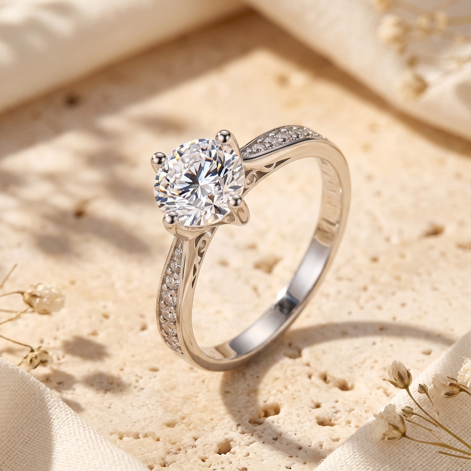 Angled side view showing the sterling silver cathedral setting and six-prong round cubic zirconia stone.