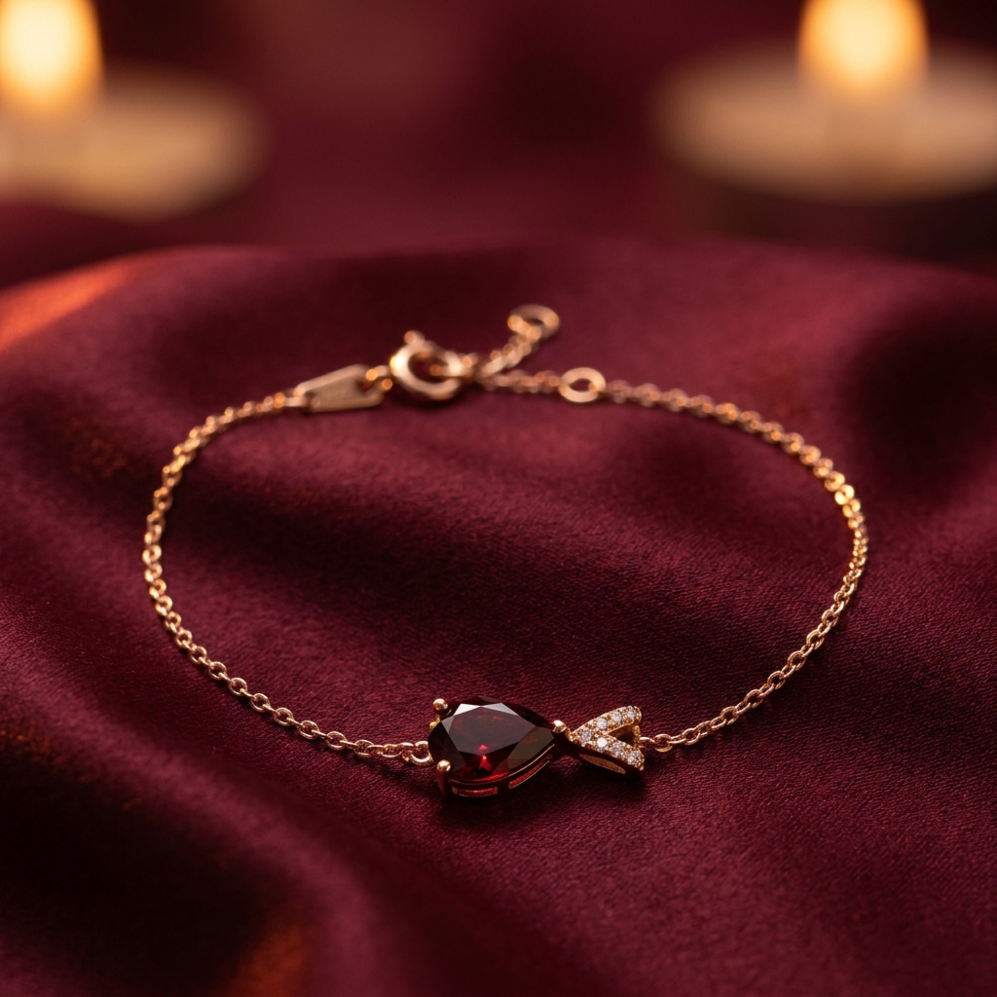 Pear cut garnet bracelet in 18K rose gold displayed on burgundy silk with blurred candle background.