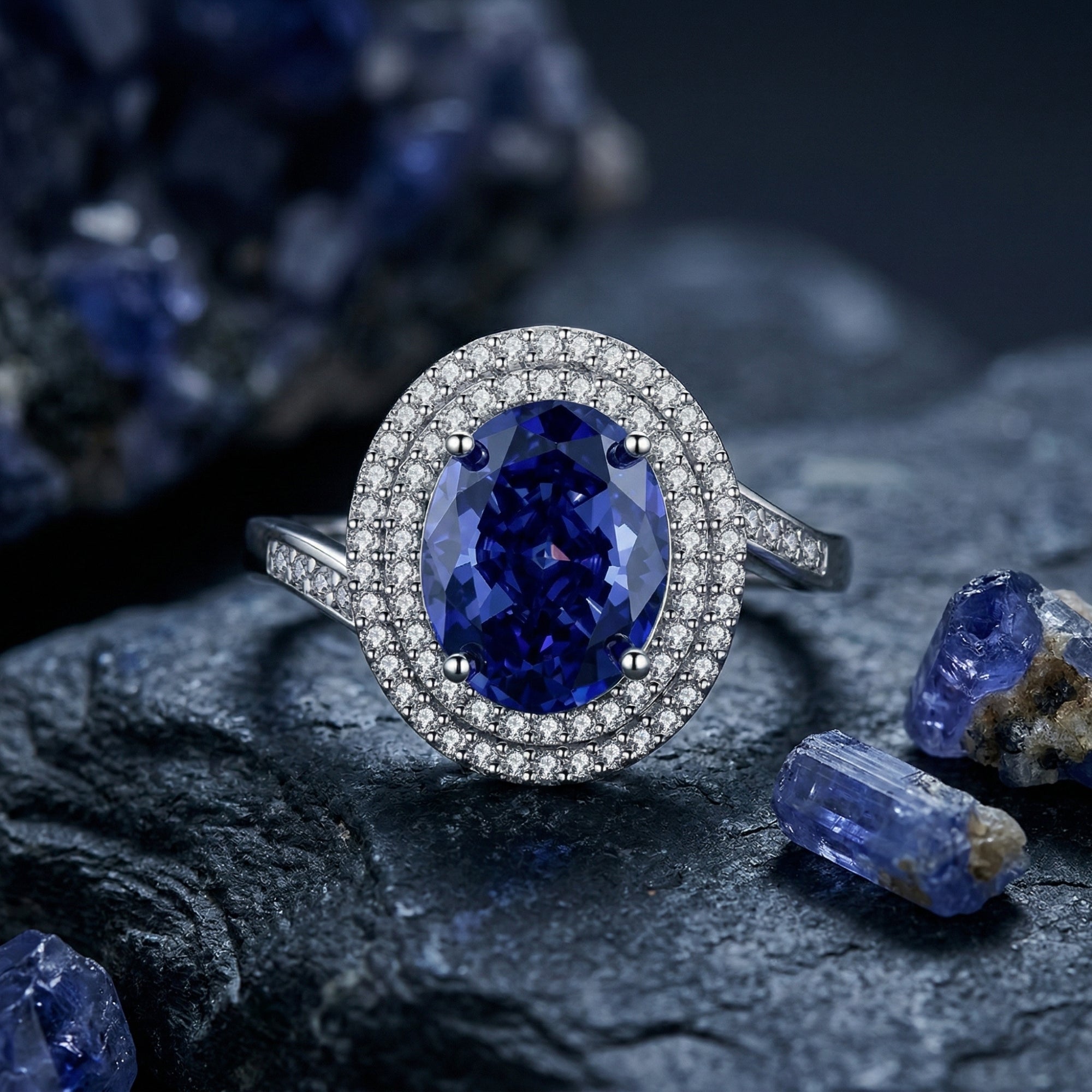 Oval cut tanzanite ring in sterling silver with a double halo, displayed on dark rocks with raw gemstones.