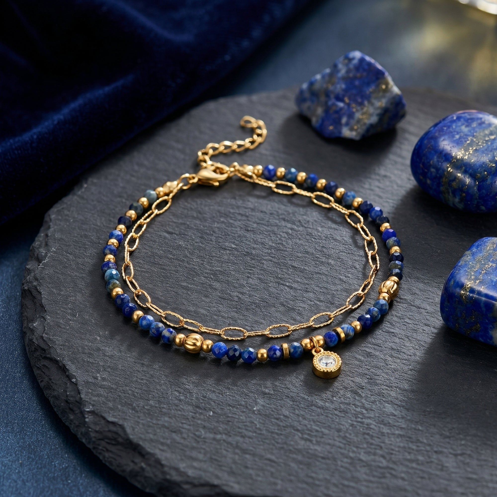 18k gold plated double-strand bracelet with 3mm lapis lazuli beads and charm on a dark slate surface.