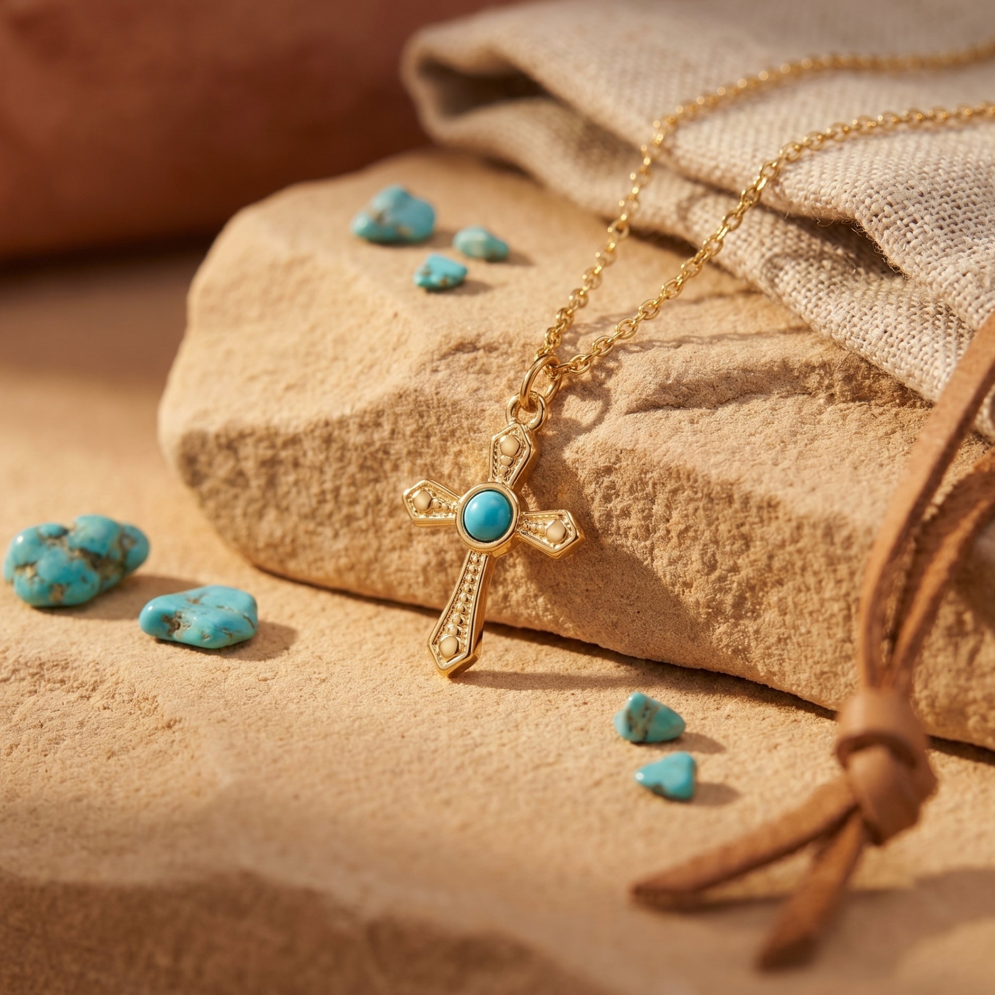 アールヌーボー　９ct　ペンダント　ブルー天然石 Turquoise Cross Pendant Necklace – 18K Gold PVD Stainless Steel