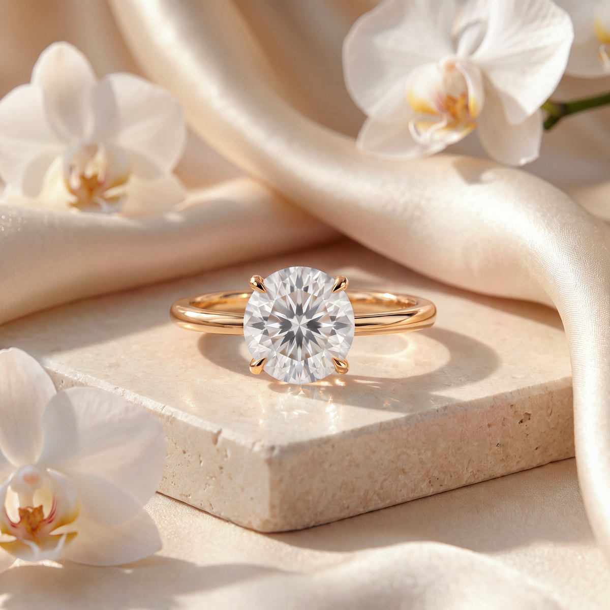 Yellow gold round moissanite solitaire engagement ring presented on a beige stone tile with white orchids.