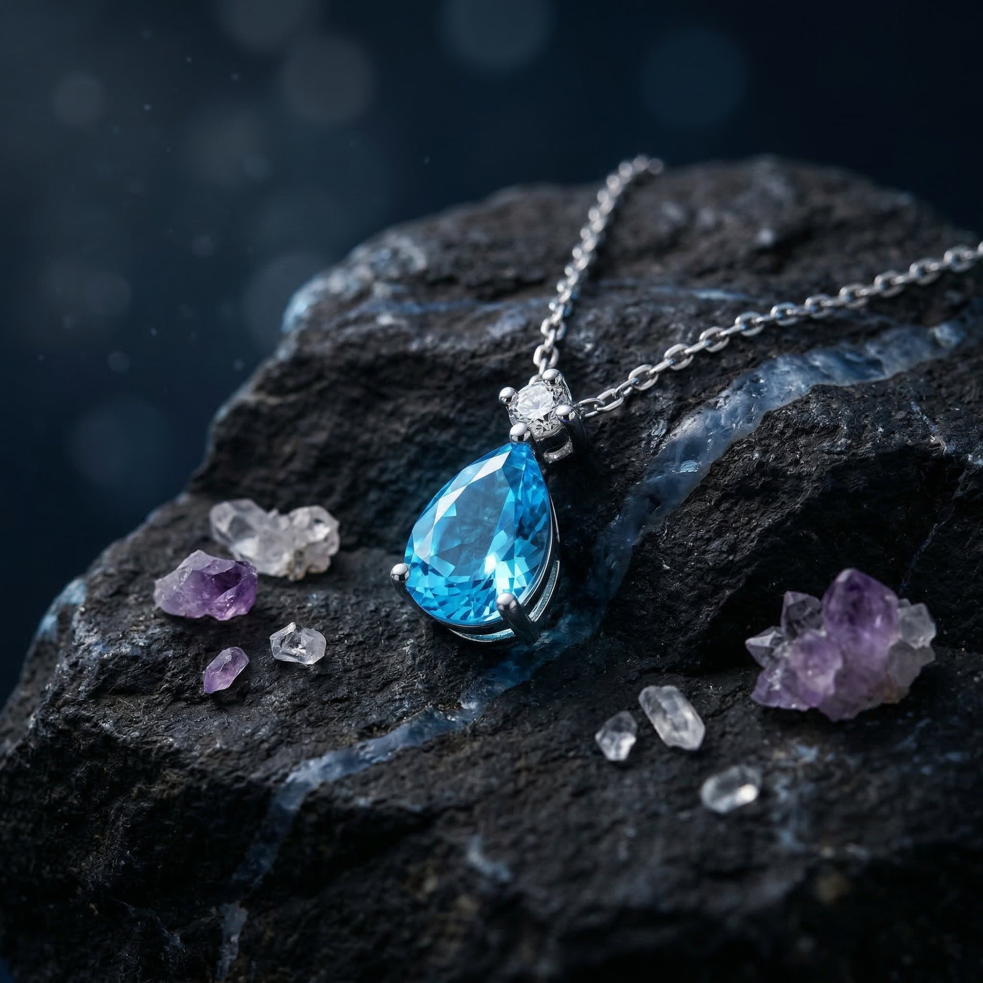 Pear cut Swiss Blue topaz necklace in white gold, styled on a dark rock with amethyst and quartz crystals.