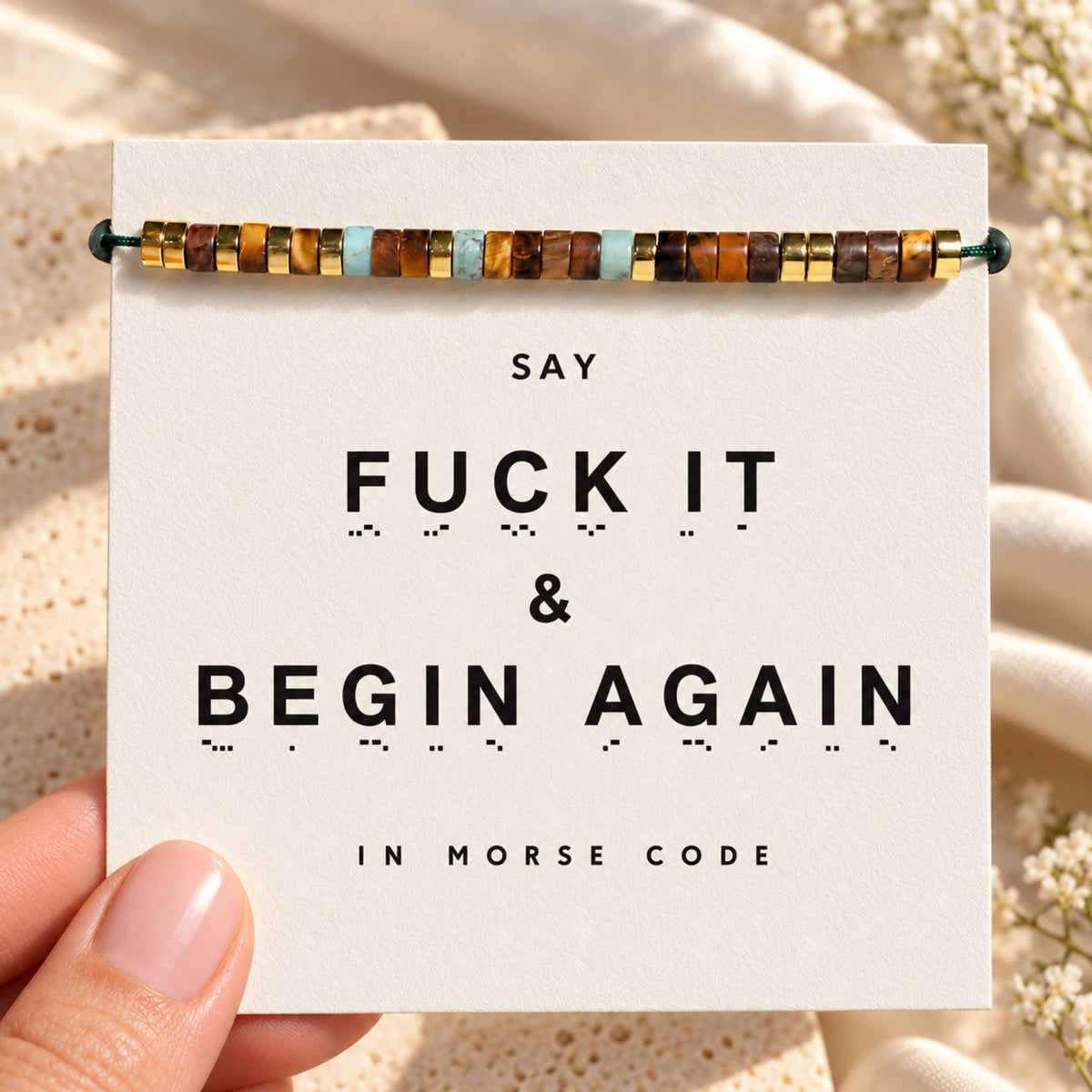 Fixed Fuck It and Begin Again Morse code bracelet with included message card