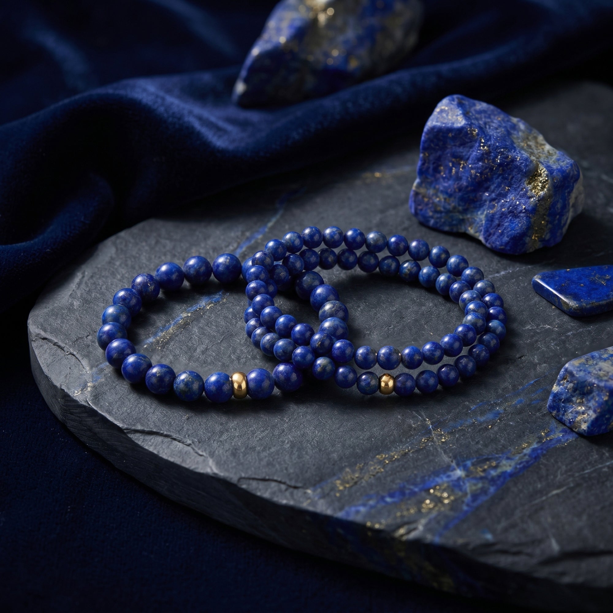 Natural Lapis Lazuli Bead Bracelet – 18K Gold Vermeil 925 Sterling