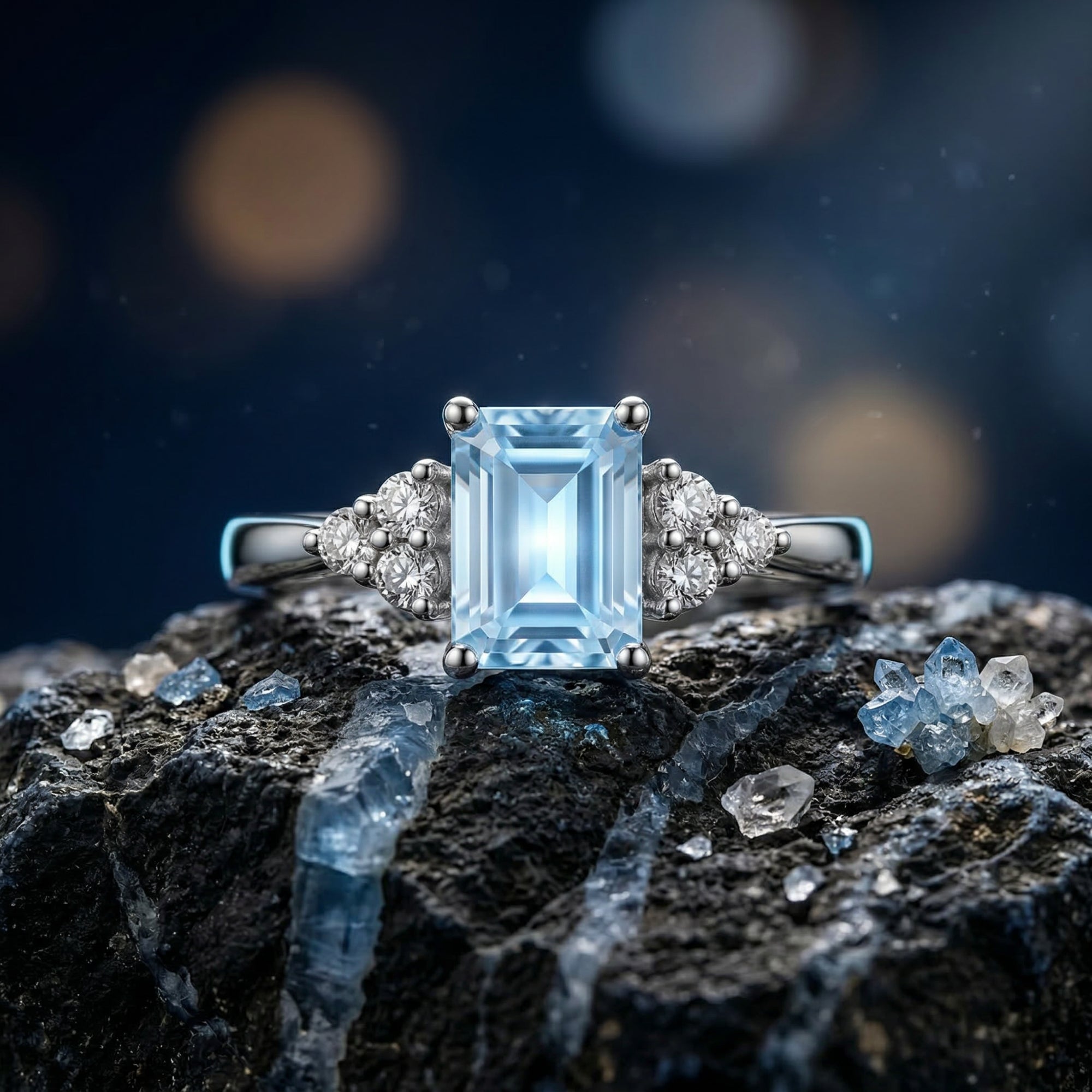 Emerald cut natural blue topaz ring in sterling silver resting on a dark rocky surface with bokeh background.