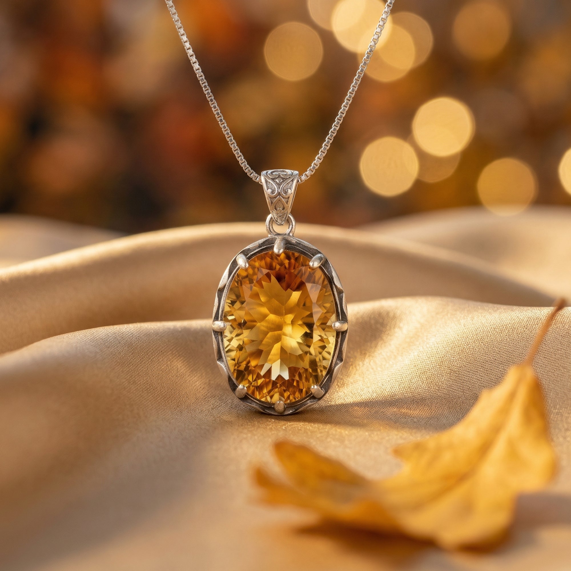 Oval cut citrine necklace in sterling silver on gold silk fabric with an autumn leaf and bokeh lights.