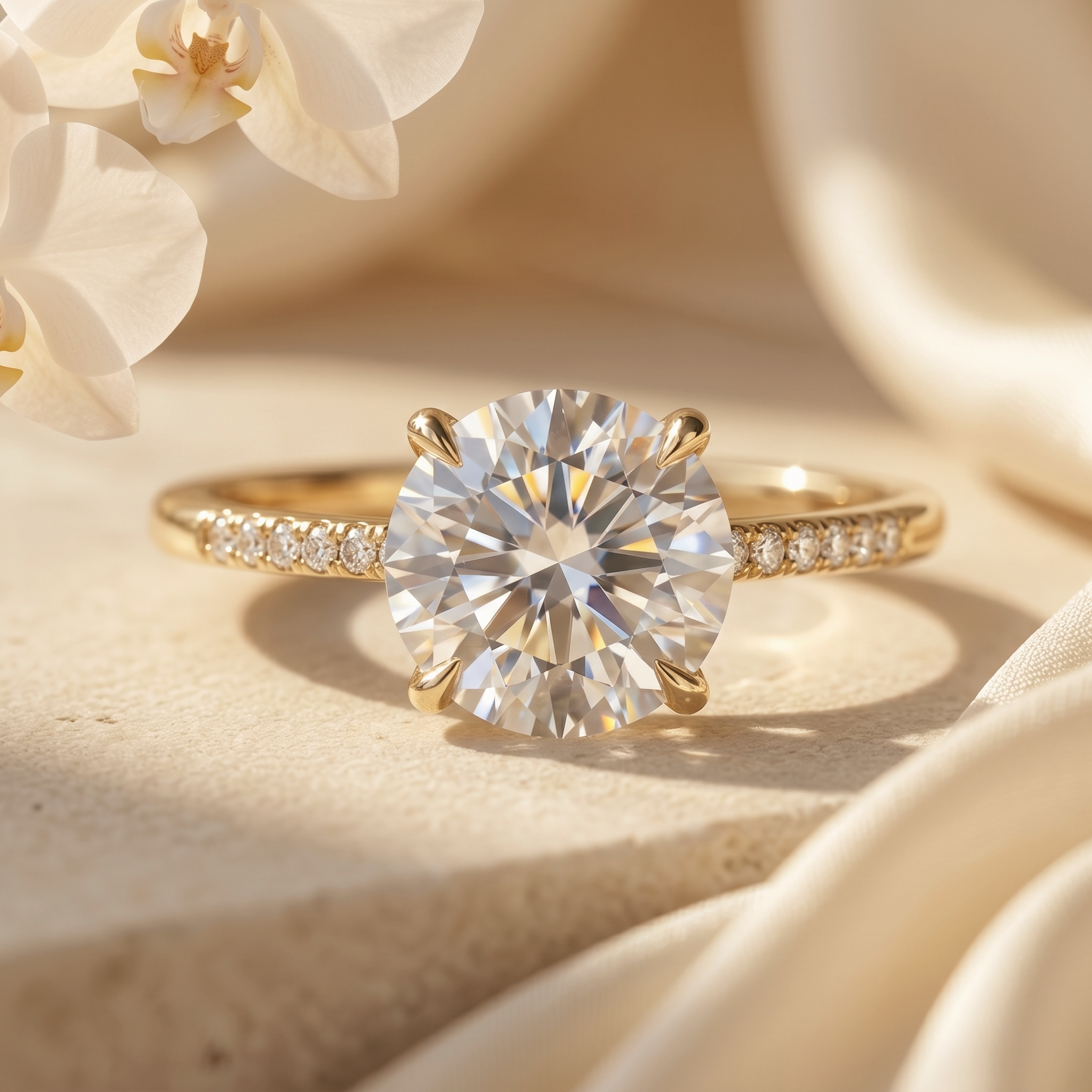 A stunning round cut moissanite engagement ring with a yellow gold pave band, set on a beige stone surface.