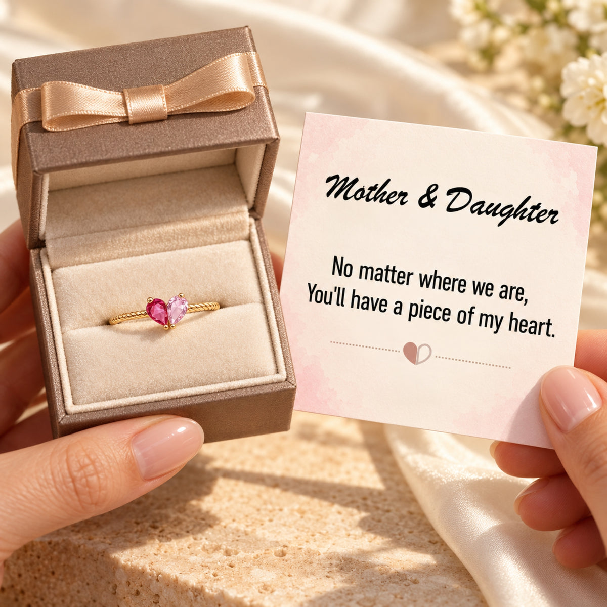 Gold vermeil heart birthstone ring in a standard jewelry gift box beside the Mother & Daughter message card; example stone colours