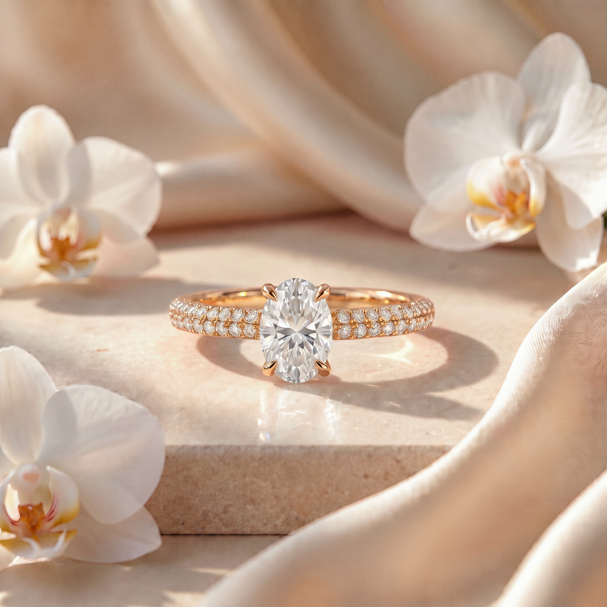 Gold oval moissanite engagement ring with a double-row pavé band on a marble pedestal.