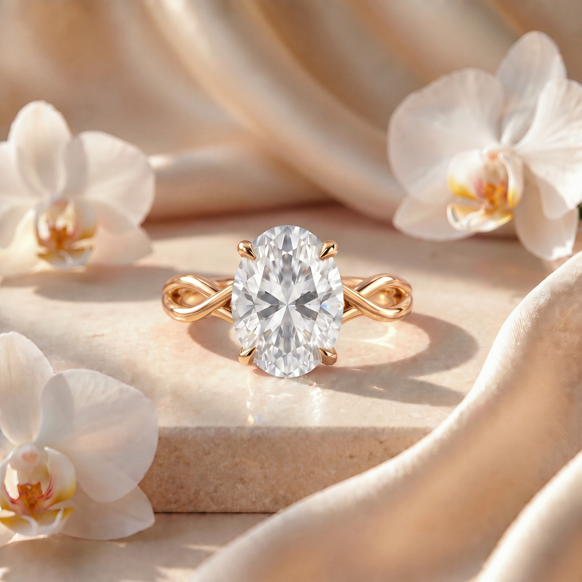 Front view of an oval cut moissanite engagement ring in yellow gold featuring a twisted infinity band on a marble pedestal.