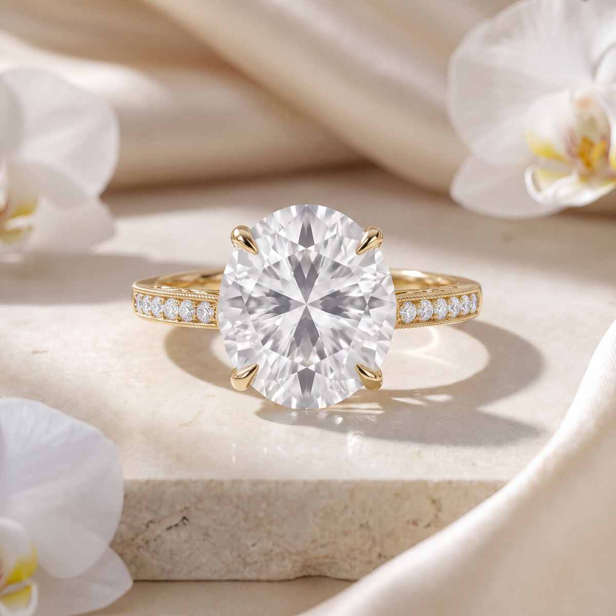 Front view of an oval moissanite engagement ring with a milgrain pave band in yellow gold.