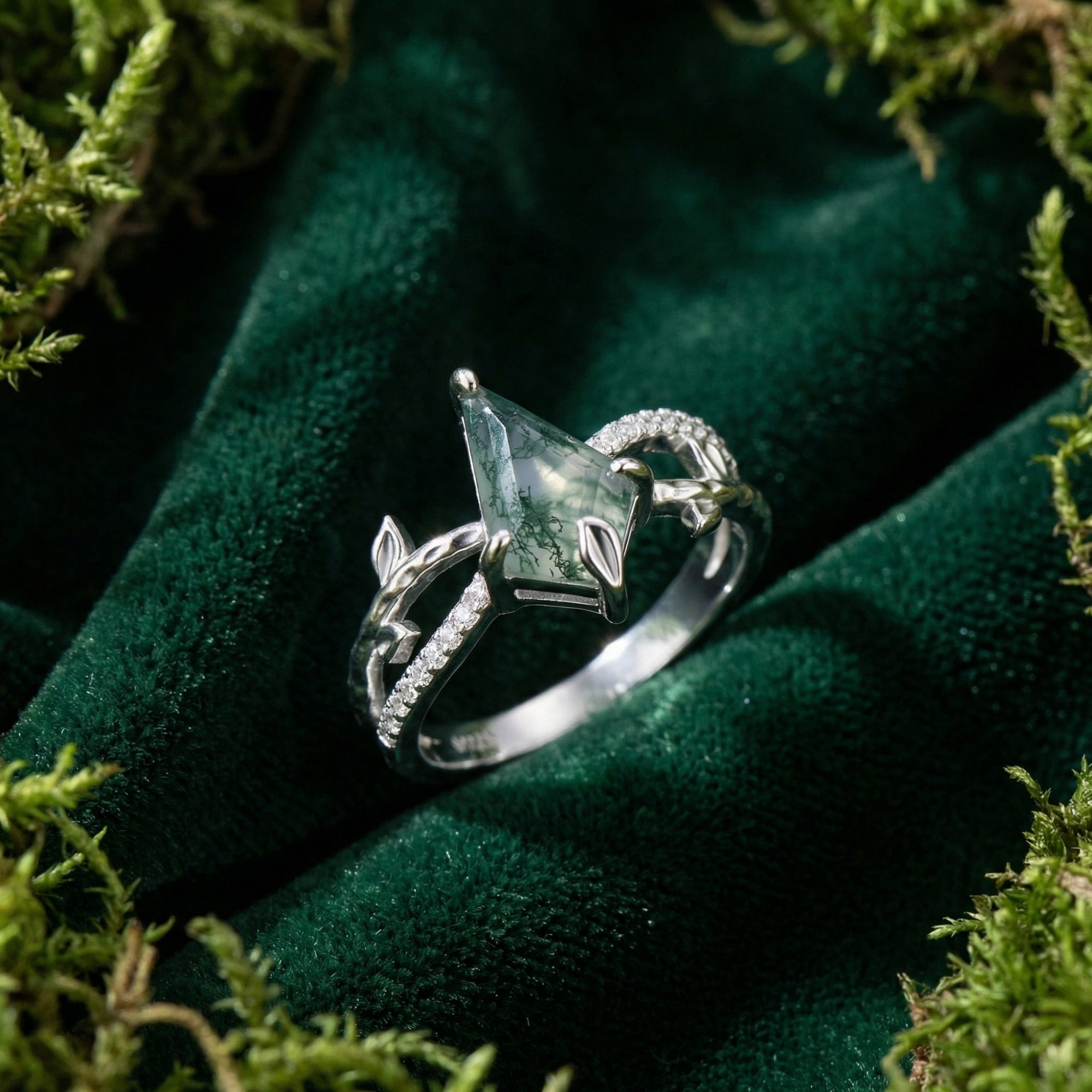 Natürlicher Moosachat-Diamant-Umarmungsring im Drachenschliff – S925 Sterling Silber