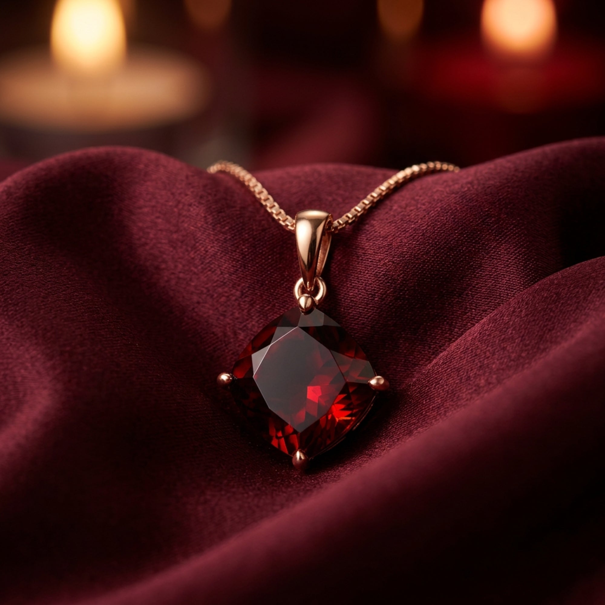 Cushion cut garnet necklace in 18K rose gold resting on red silk fabric with blurred candles in the background.
