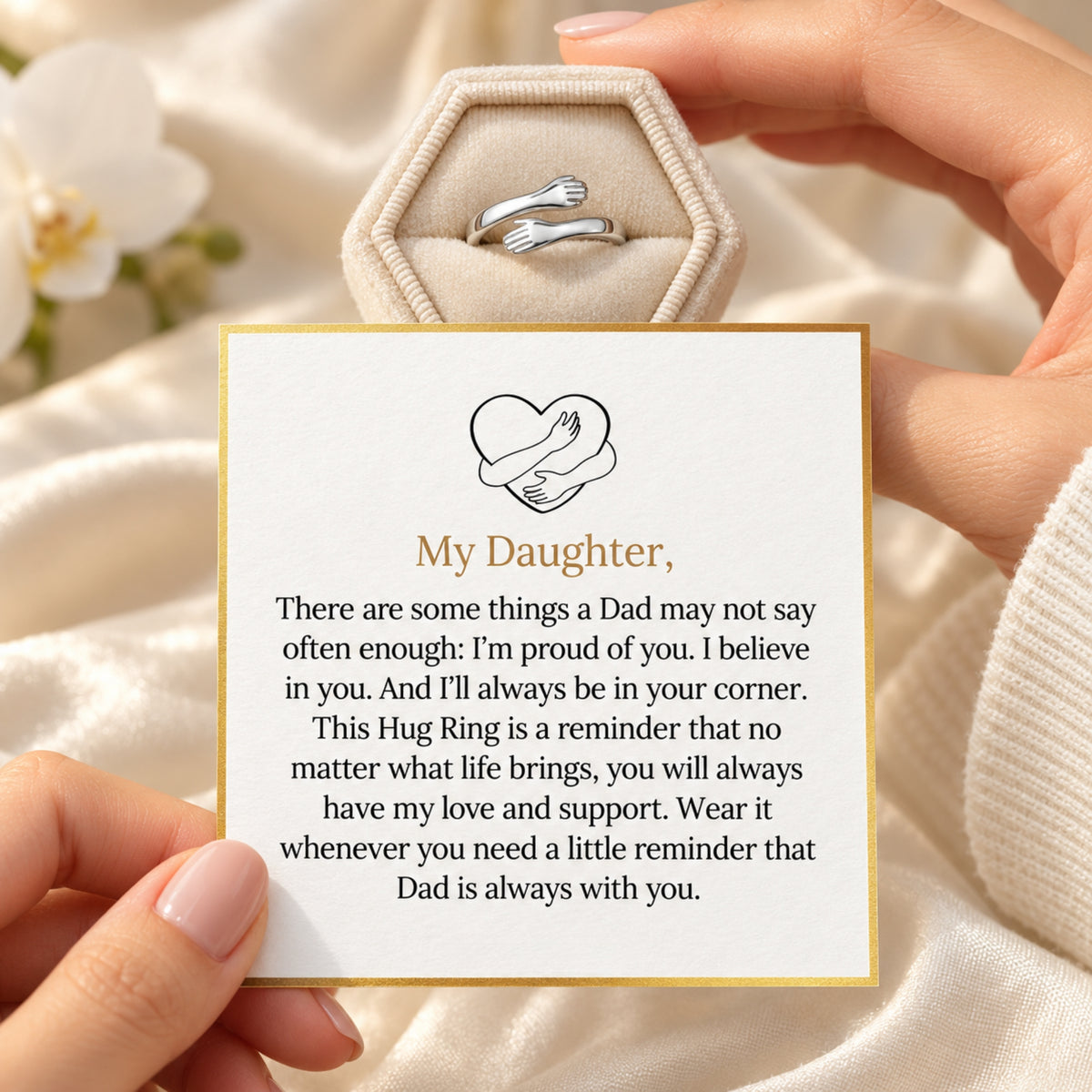 Silver-tone hug ring with the My Daughter message card from Dad