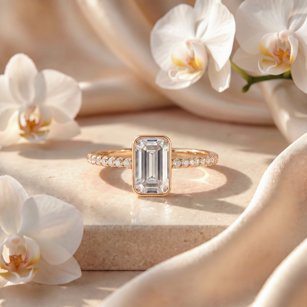 Front view of an emerald-cut bezel moissanite engagement ring with a pavé band in yellow gold.