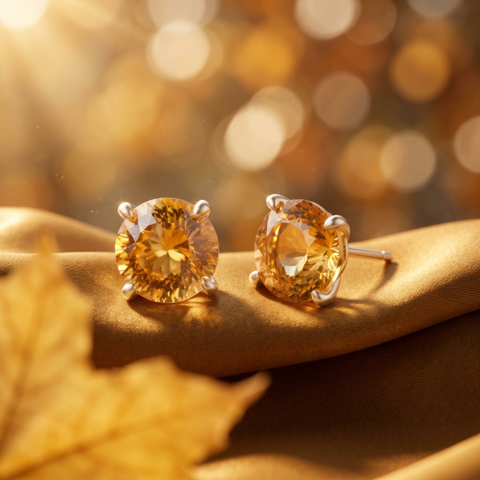 Round cut citrine earrings in sterling silver on gold fabric with autumn leaves in warm sunlight.
