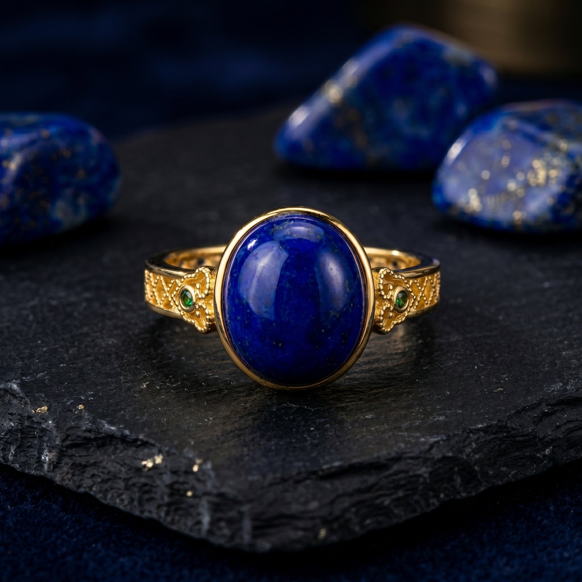 Oval cabochon lapis lazuli ring in yellow gold with green side stones on a dark stone background.