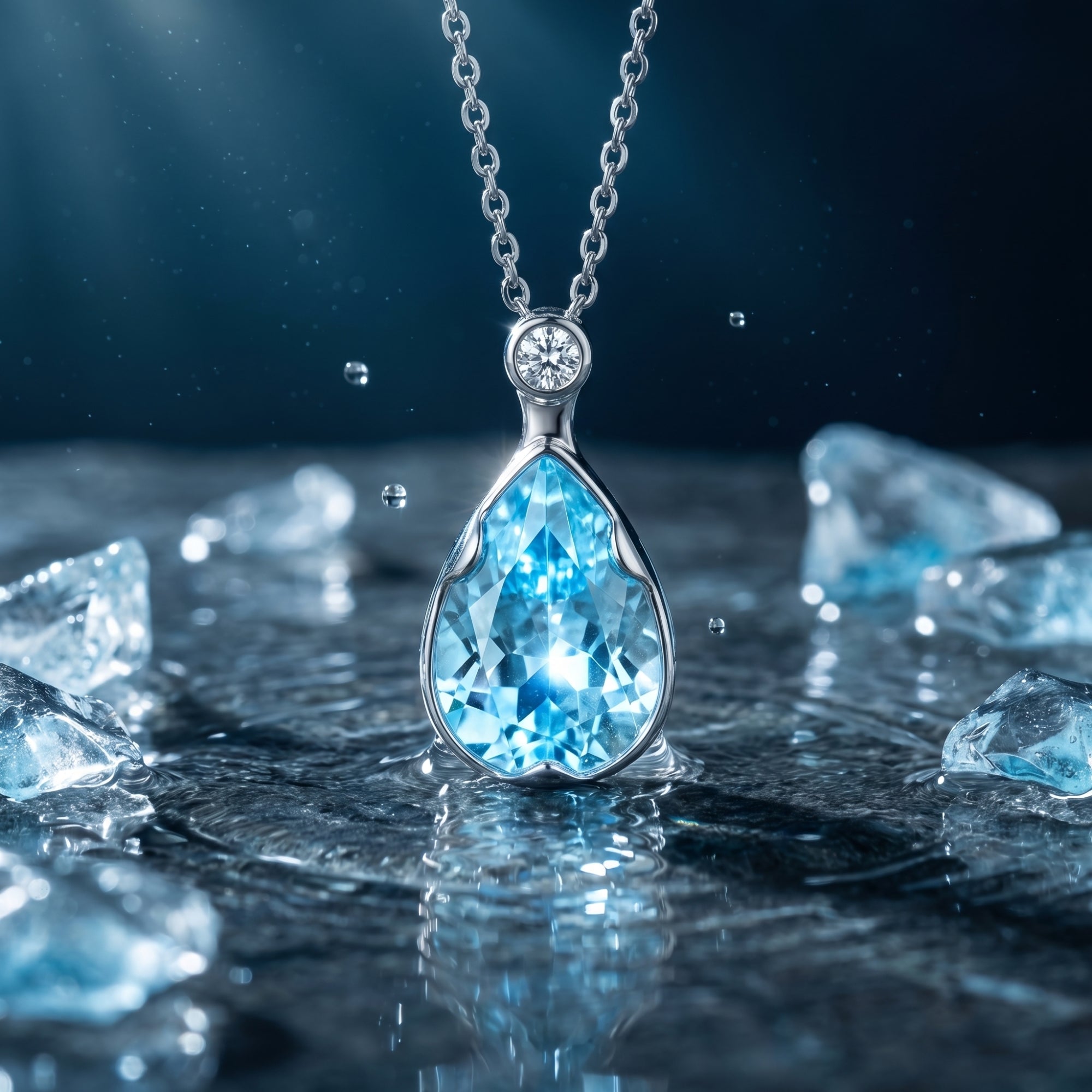 Pear cut aquamarine pendant in platinum, centered in a stylized watery scene with ice crystals and droplets.