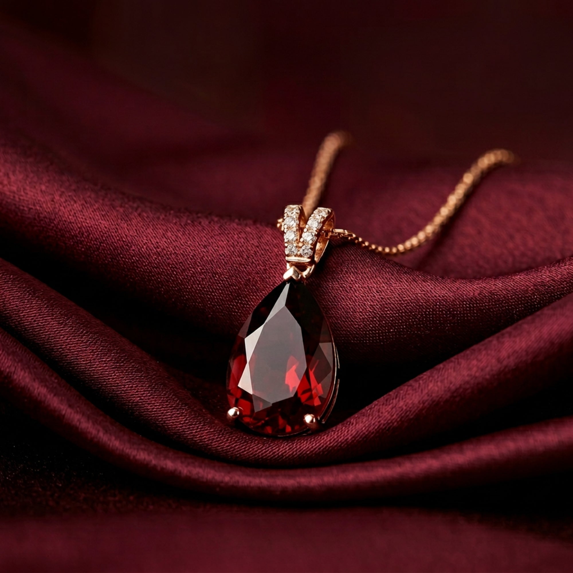Pear cut garnet pendant in 18K rose gold on a matching chain, resting on draped burgundy silk fabric.