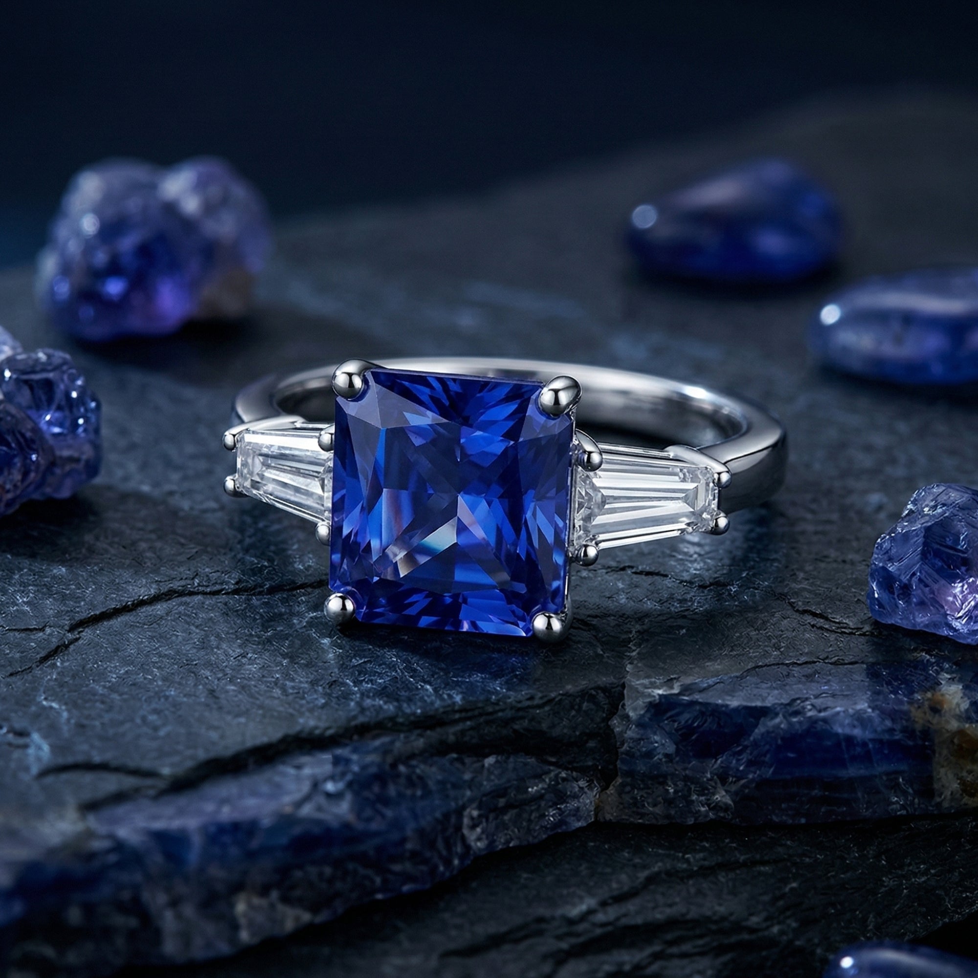 Princess-cut tanzanite ring in sterling silver on a dark stone surface with raw blue gemstones.