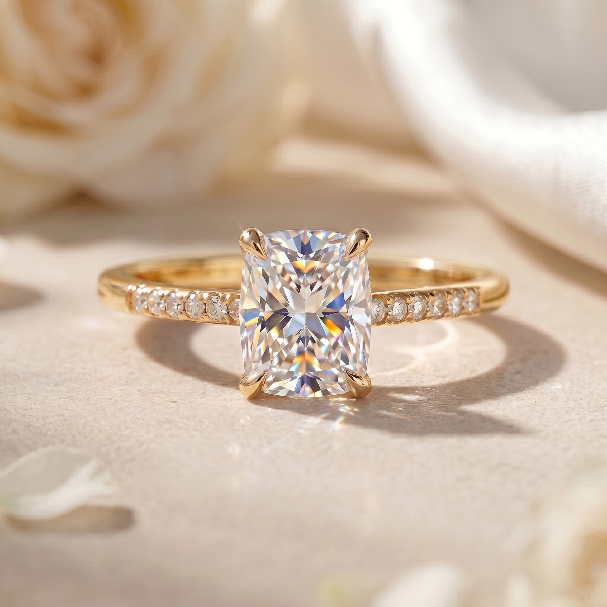 A cushion cut moissanite engagement ring in yellow gold with a sparkling pavé band, resting on a soft surface.