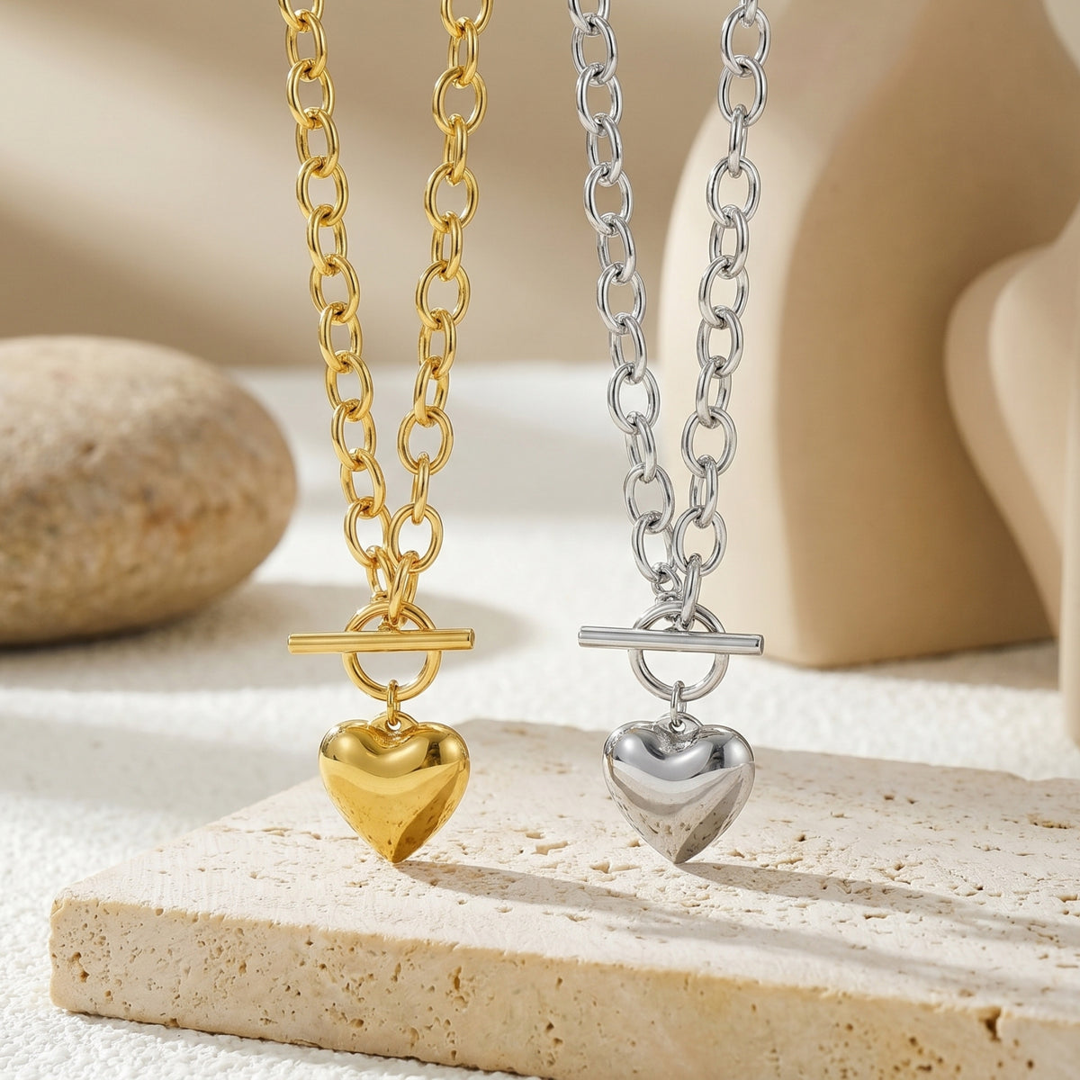 Gold & Silver Heart Toggle Pendant Necklace – Hypoallergenic 316L 