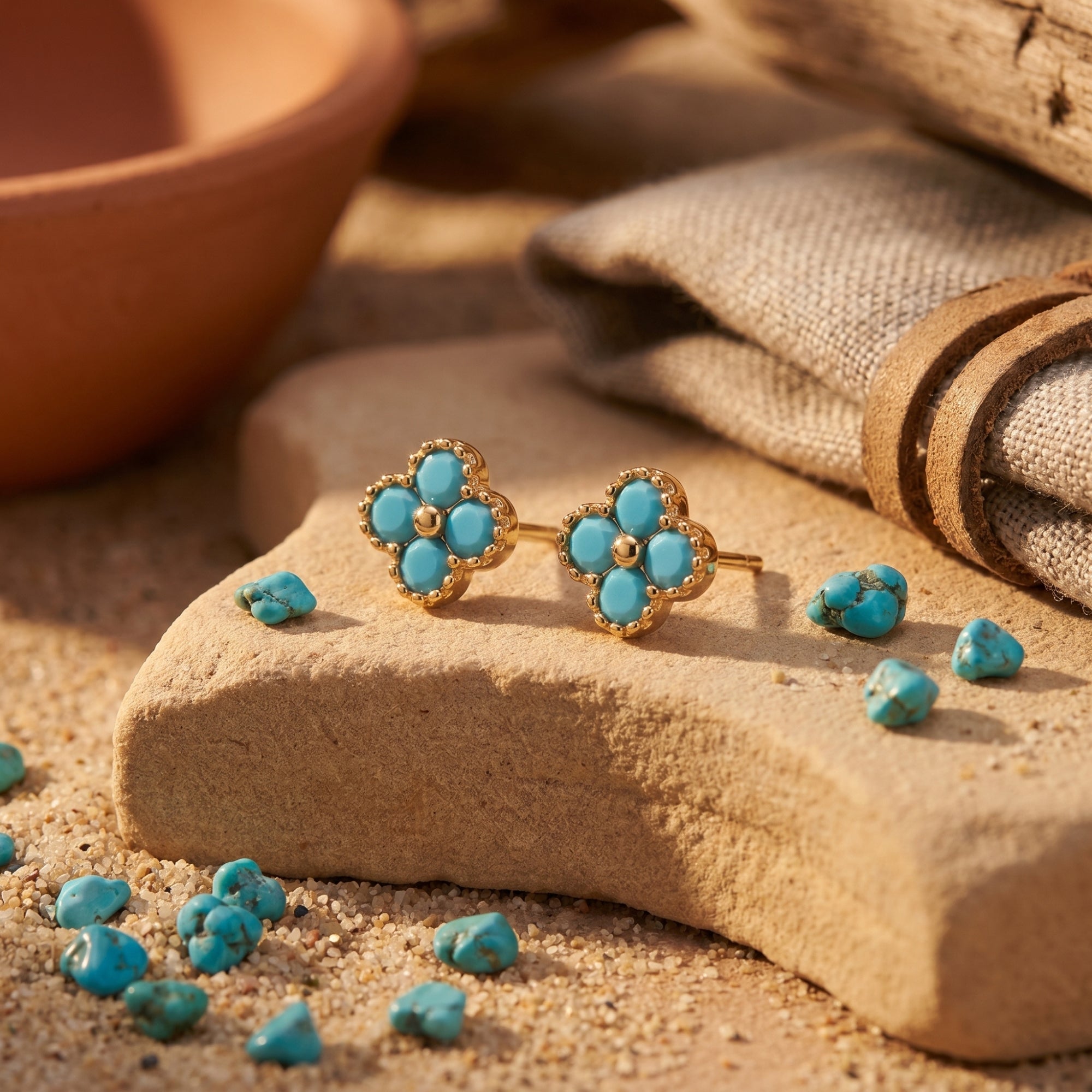 Gold vermeil clover stud earrings with turquoise cabochons on a desert-inspired stone and sand background.