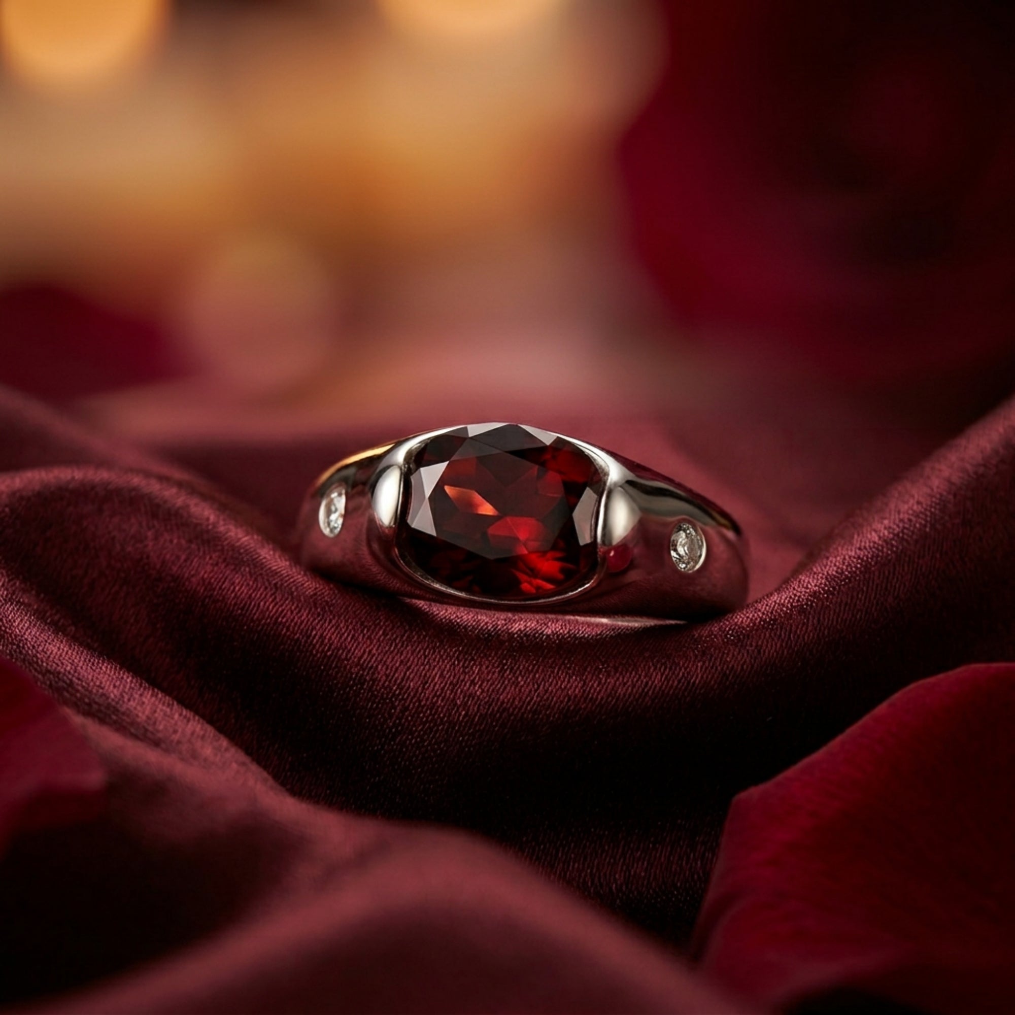 Oval garnet sterling silver Vaelia ring resting on elegant draped burgundy fabric.