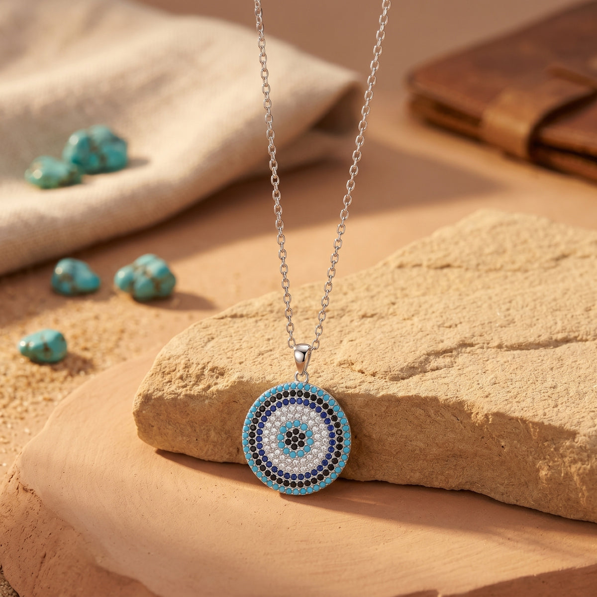 Natural Turquoise Circle Pendant Necklace 18 Inch Chain – 925 