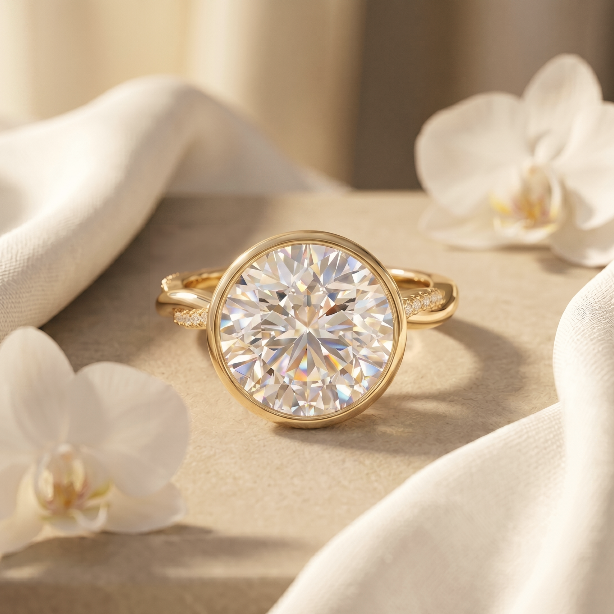 A round-cut moissanite bezel-set engagement ring in yellow gold displayed on a textured surface with orchid petals.