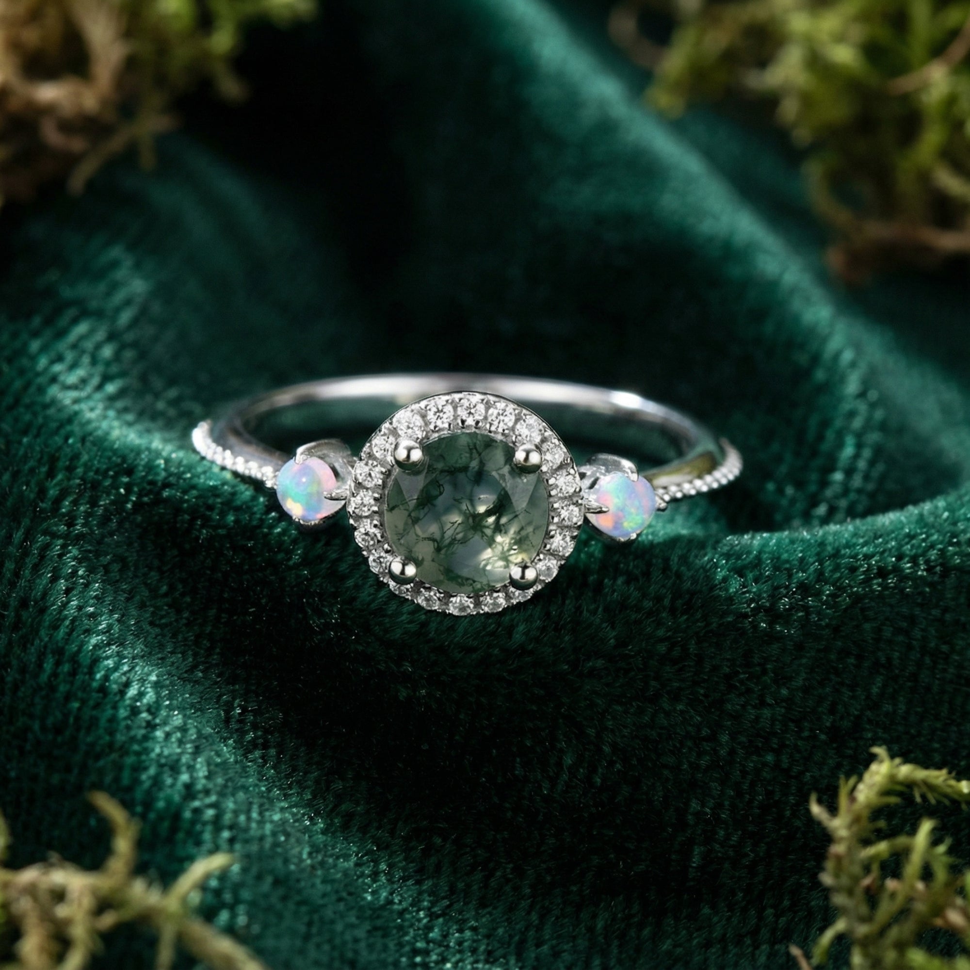 Halo Rundschliff Natürlicher Moosachat Opaleszierender Ring - S925 Sterling Silber