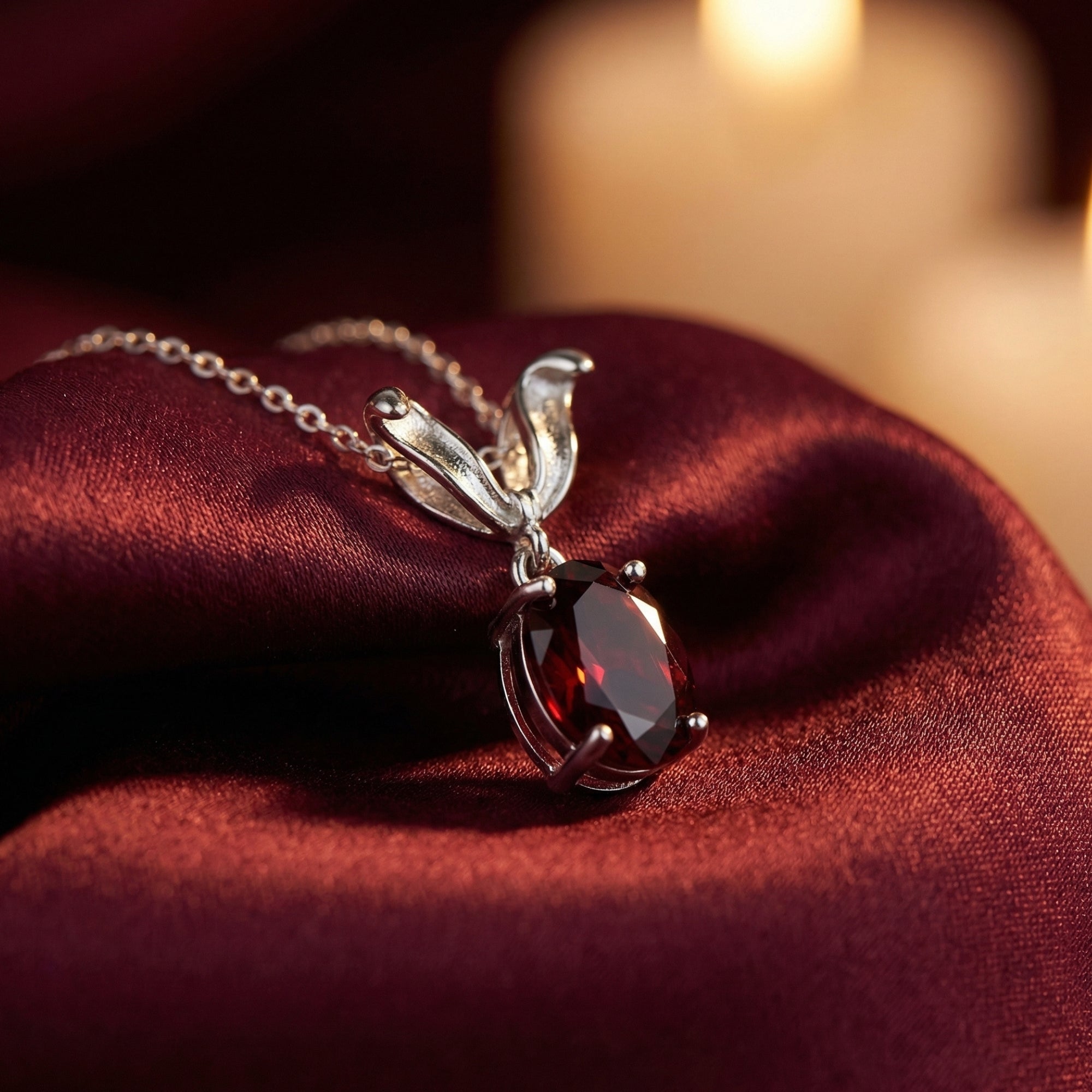 Natural oval garnet necklace in sterling silver resting on elegant burgundy silk with soft candle lighting.