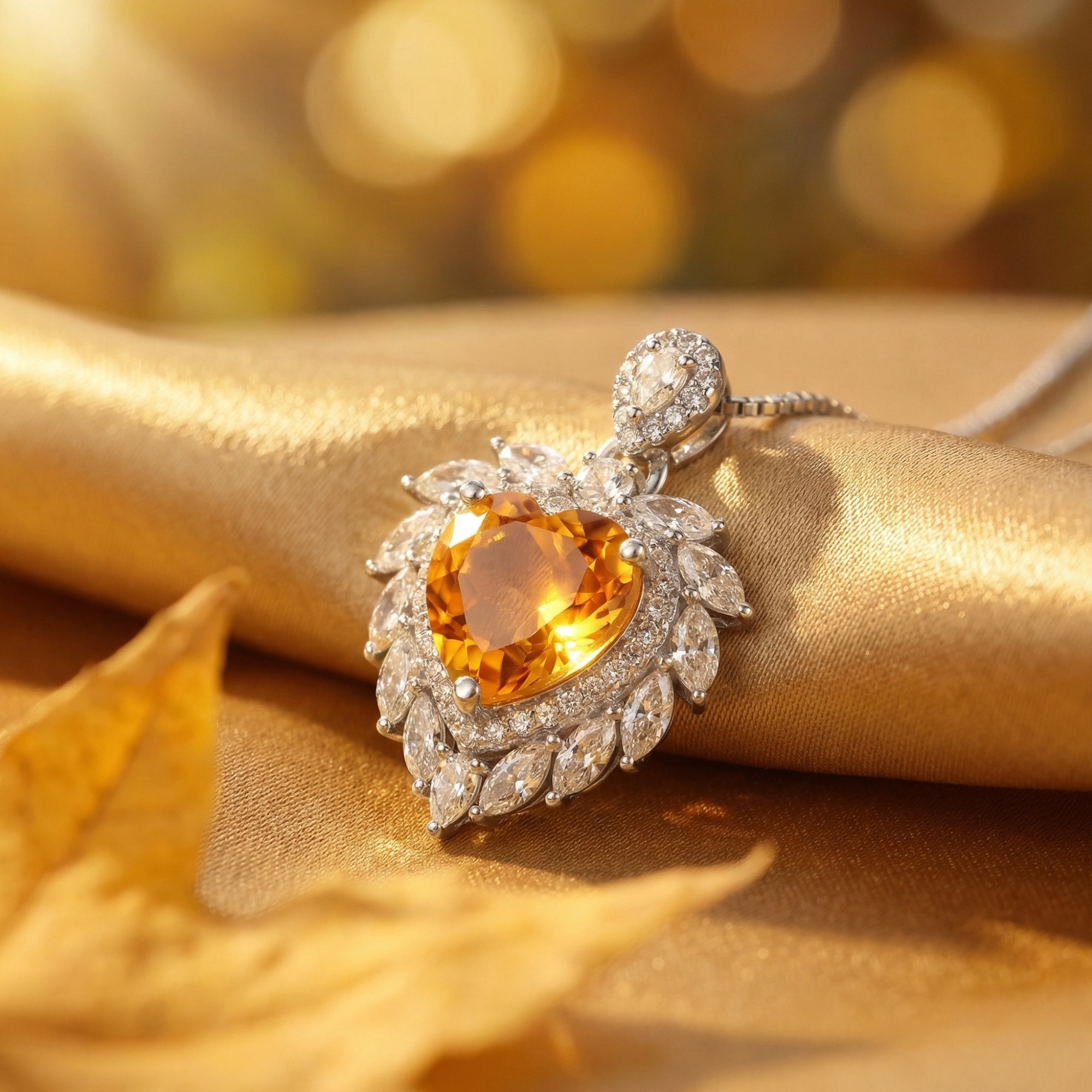 Heart cut citrine pendant in silver with marquise accents on golden silk fabric with an autumn leaf.
