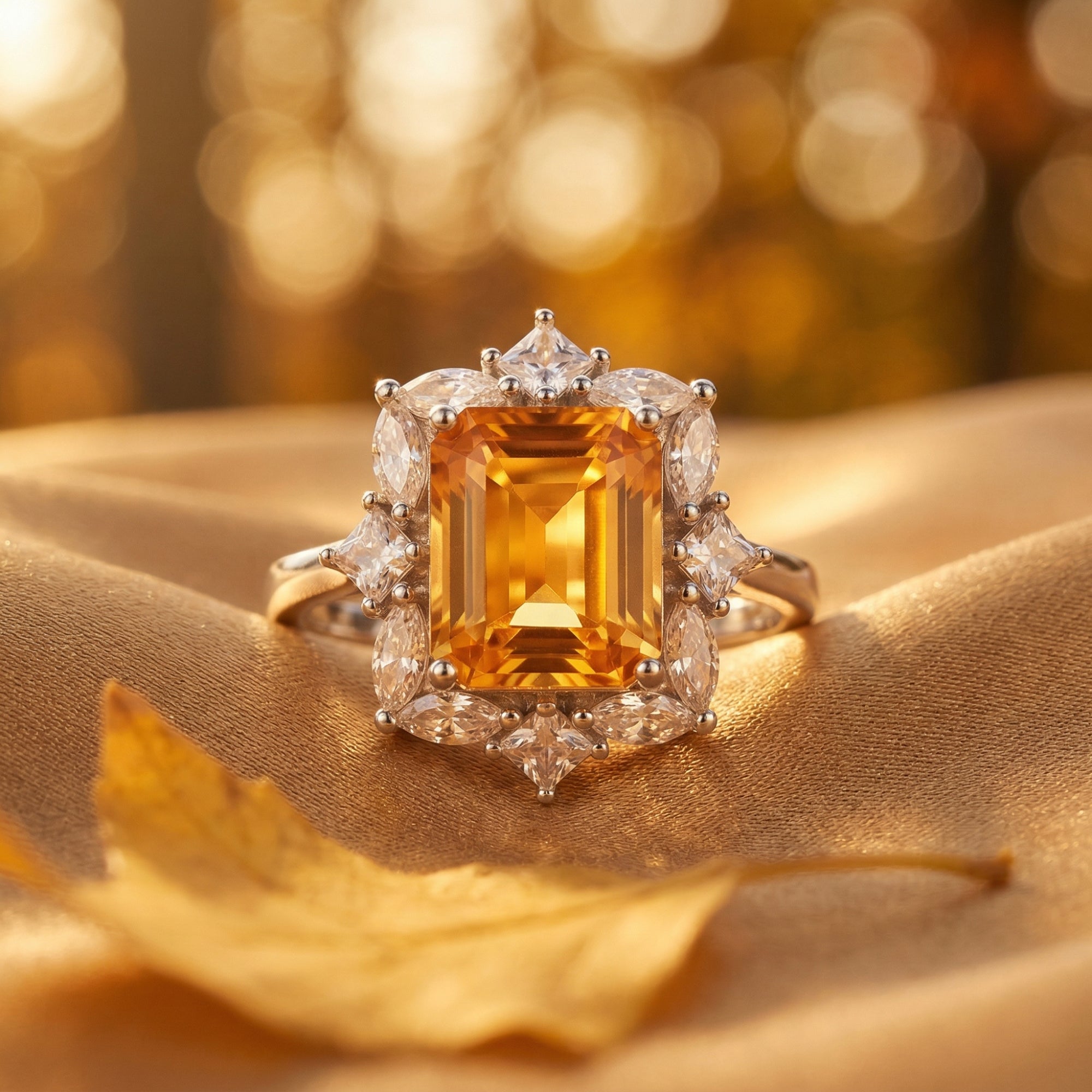 Emerald-cut citrine ring with a sparkling halo on silver, styled on gold fabric with an autumn leaf.