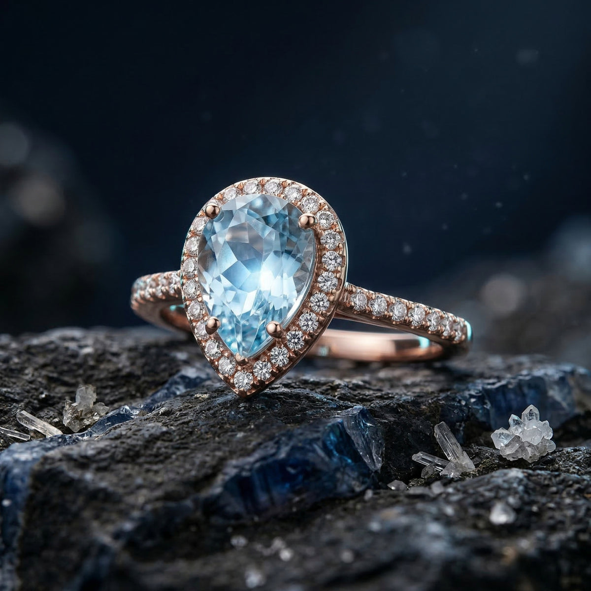 Blue Pear Cut Natural Topaz Ring – 18K Rose Gold Vermeil Women