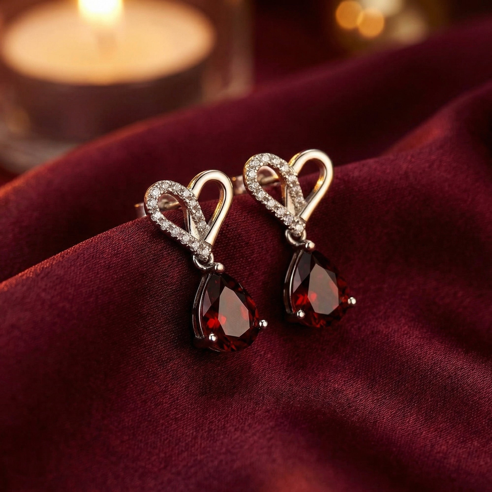 Lovisa pear drop earrings in white gold with red garnets and heart-shaped pavé tops on burgundy fabric.