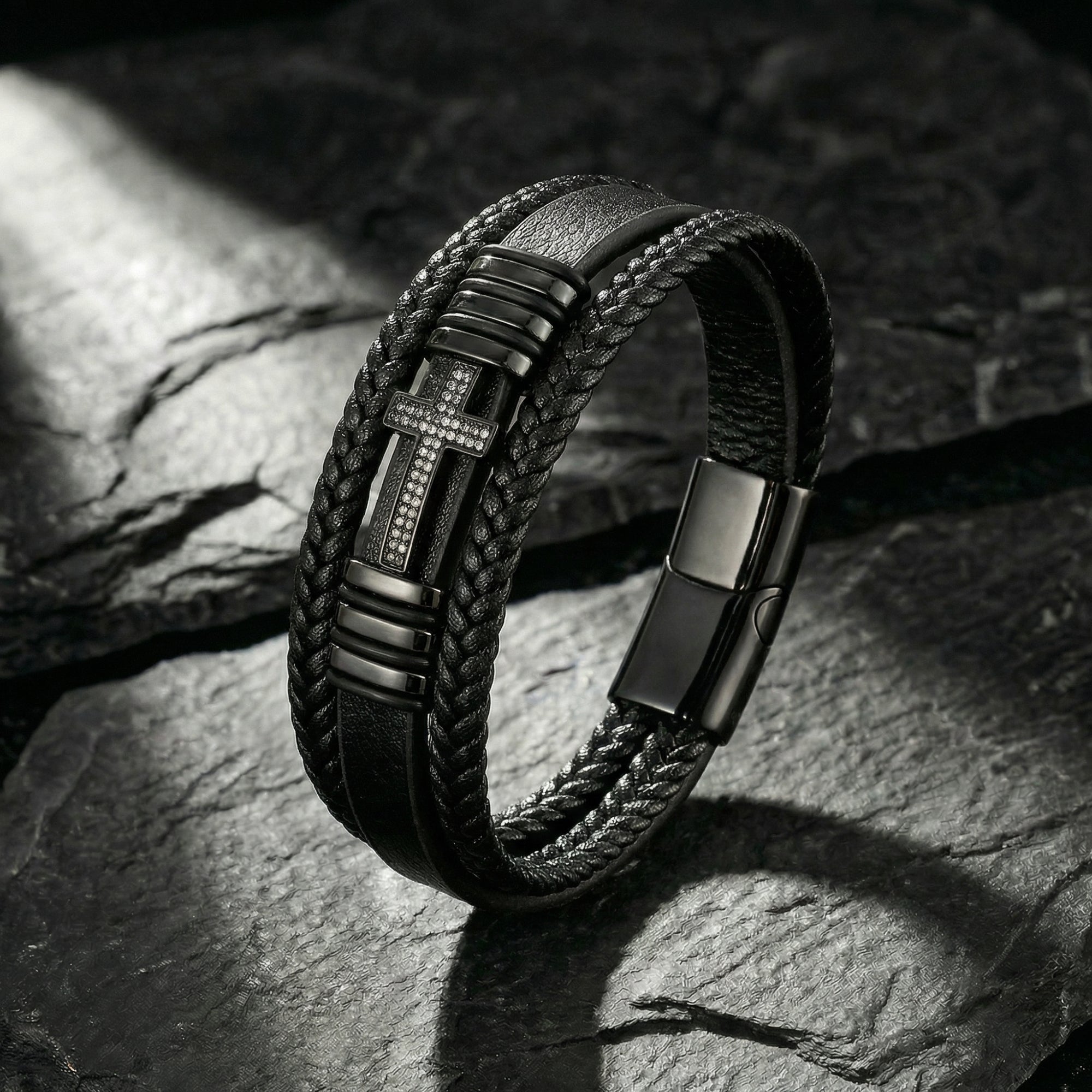 アクセサリー iron cross bangle Men's Black Leather Cross Bracelet – 316L Stainless Steel, Won't