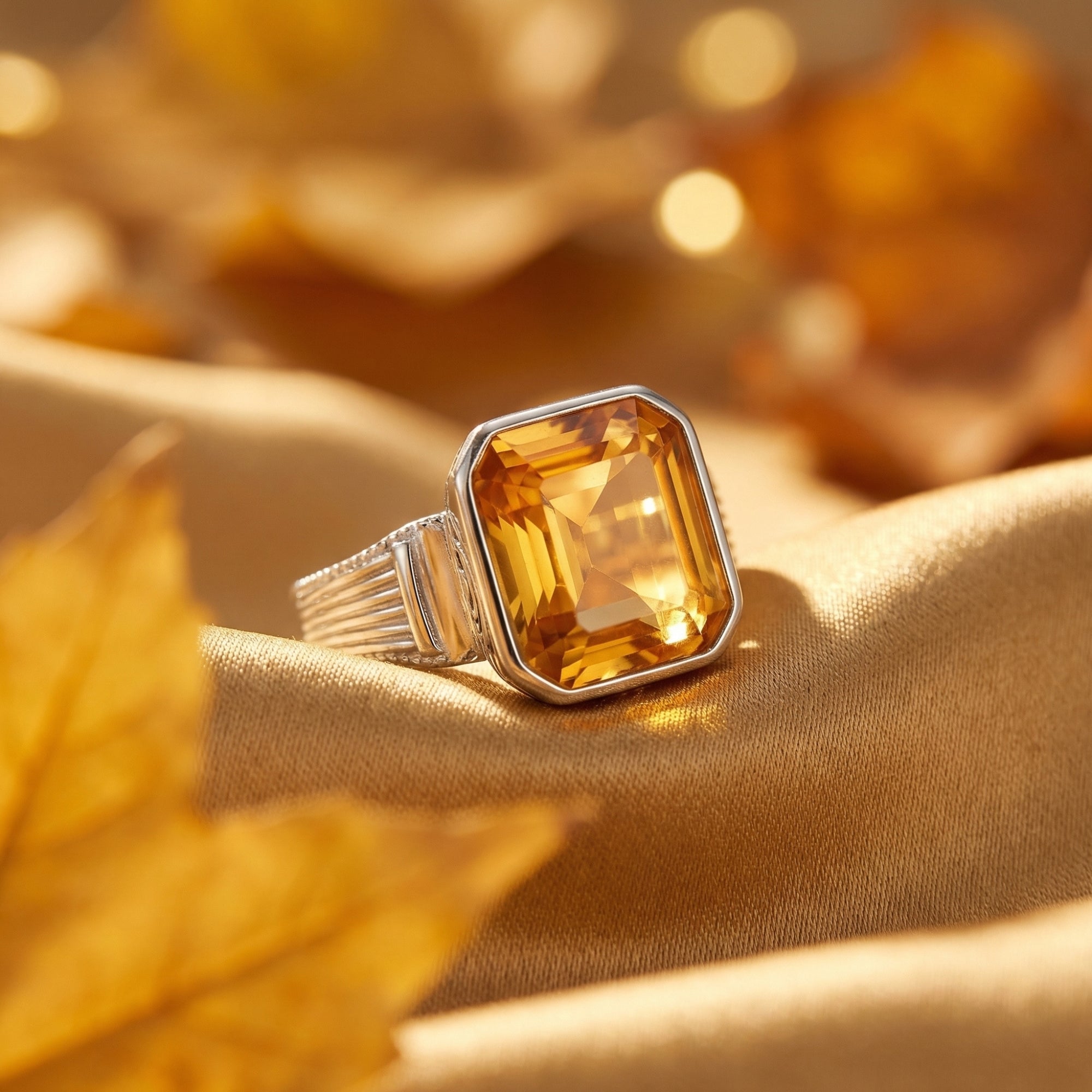 Asscher cut natural citrine statement ring in sterling silver on golden fabric with autumn leaves.