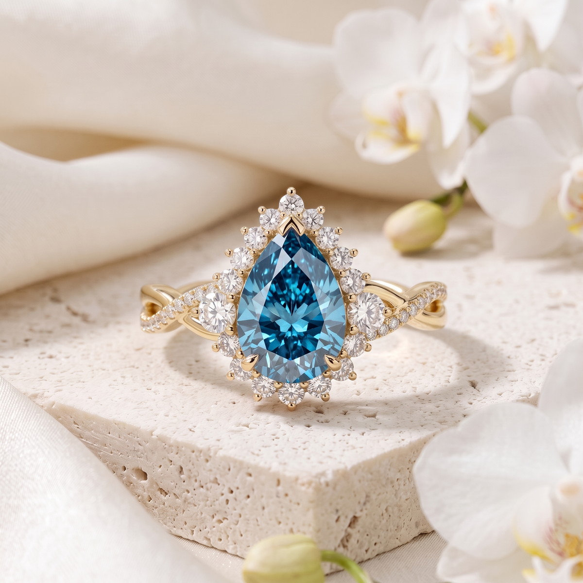 Pear cut blue moissanite halo engagement ring with an intertwined pave band in yellow gold.